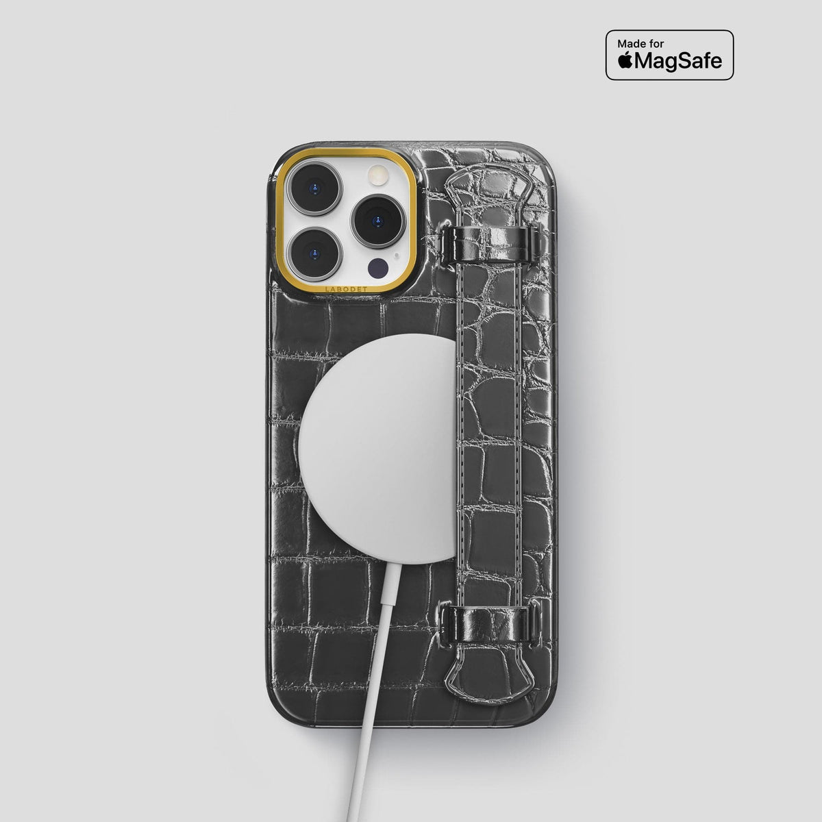 Grey iPhone 15 Pro Strap Case Patina Alligator with Gold Metal -5 | Grey-Gold