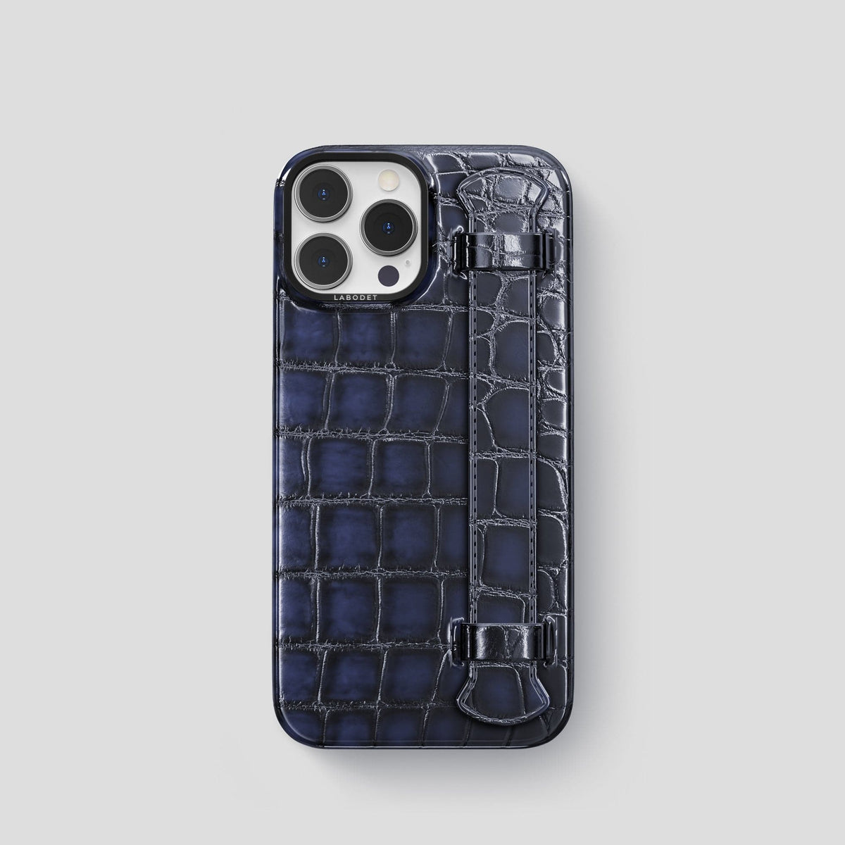 Havana-Blue iPhone 15 Pro Strap Case Patina Alligator with Black Metal -1 | Havana-Blue-Black