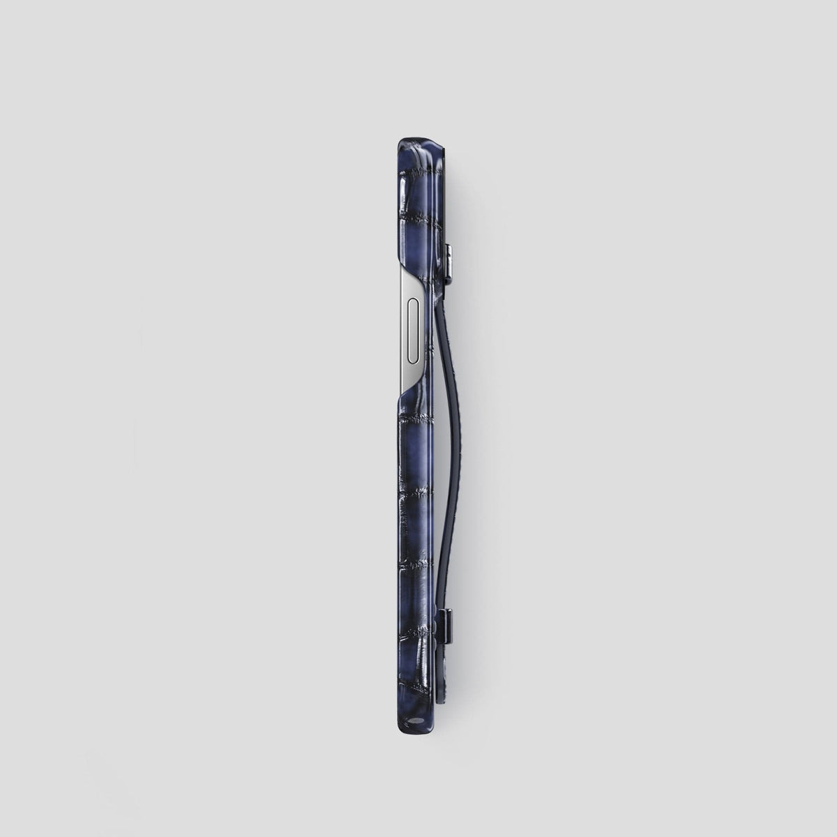 Havana-Blue iPhone 15 Pro Strap Case Patina Alligator with Black Metal -3 | Havana-Blue-Black