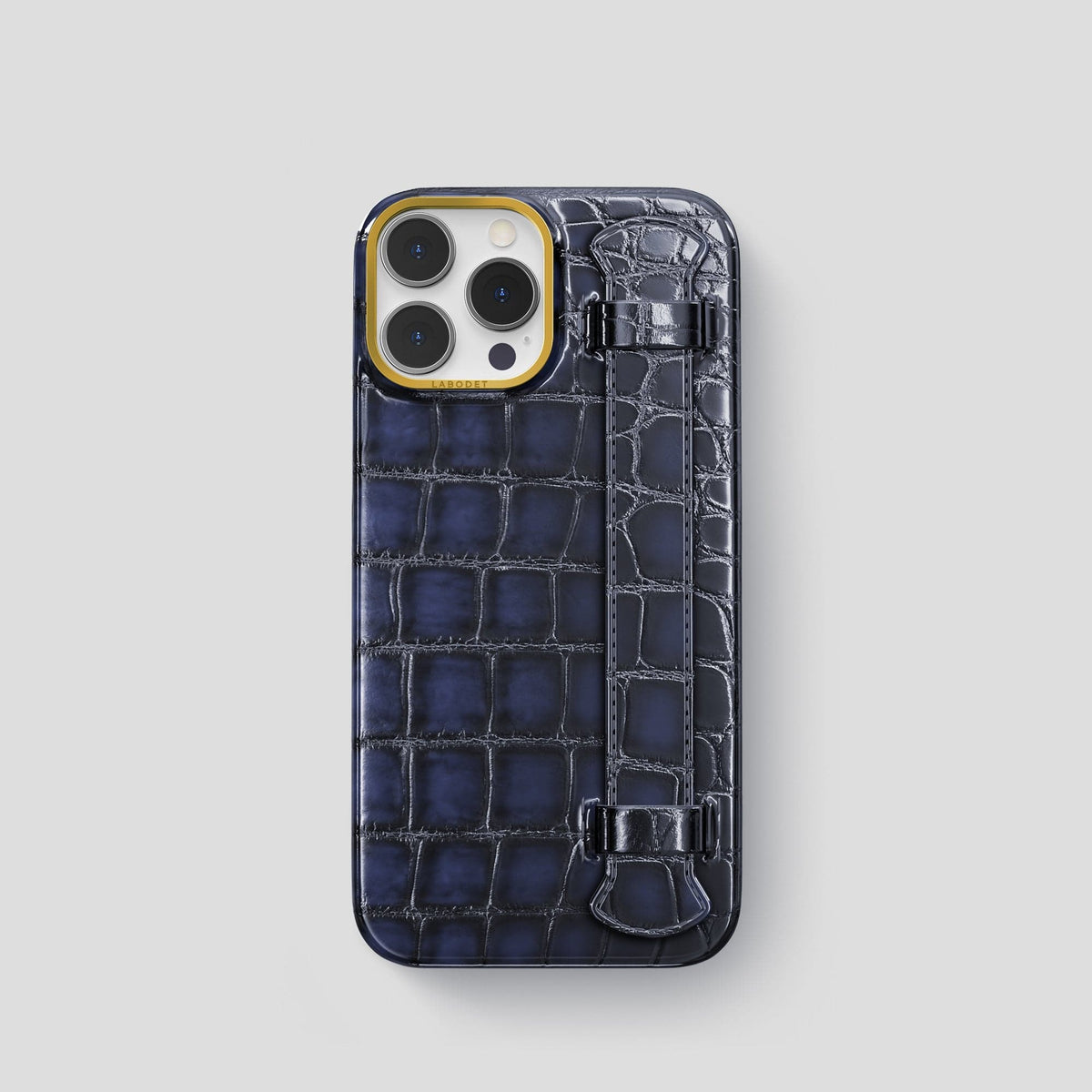 Havana-Blue iPhone 15 Pro Strap Case Patina Alligator with Gold Metal -1 | Havana-Blue-Gold