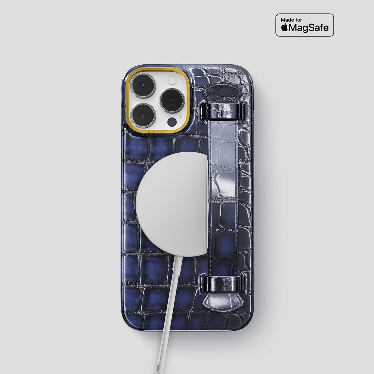 Havana-Blue iPhone 15 Pro Strap Case Patina Alligator with Gold Metal -5 | Havana-Blue-Gold