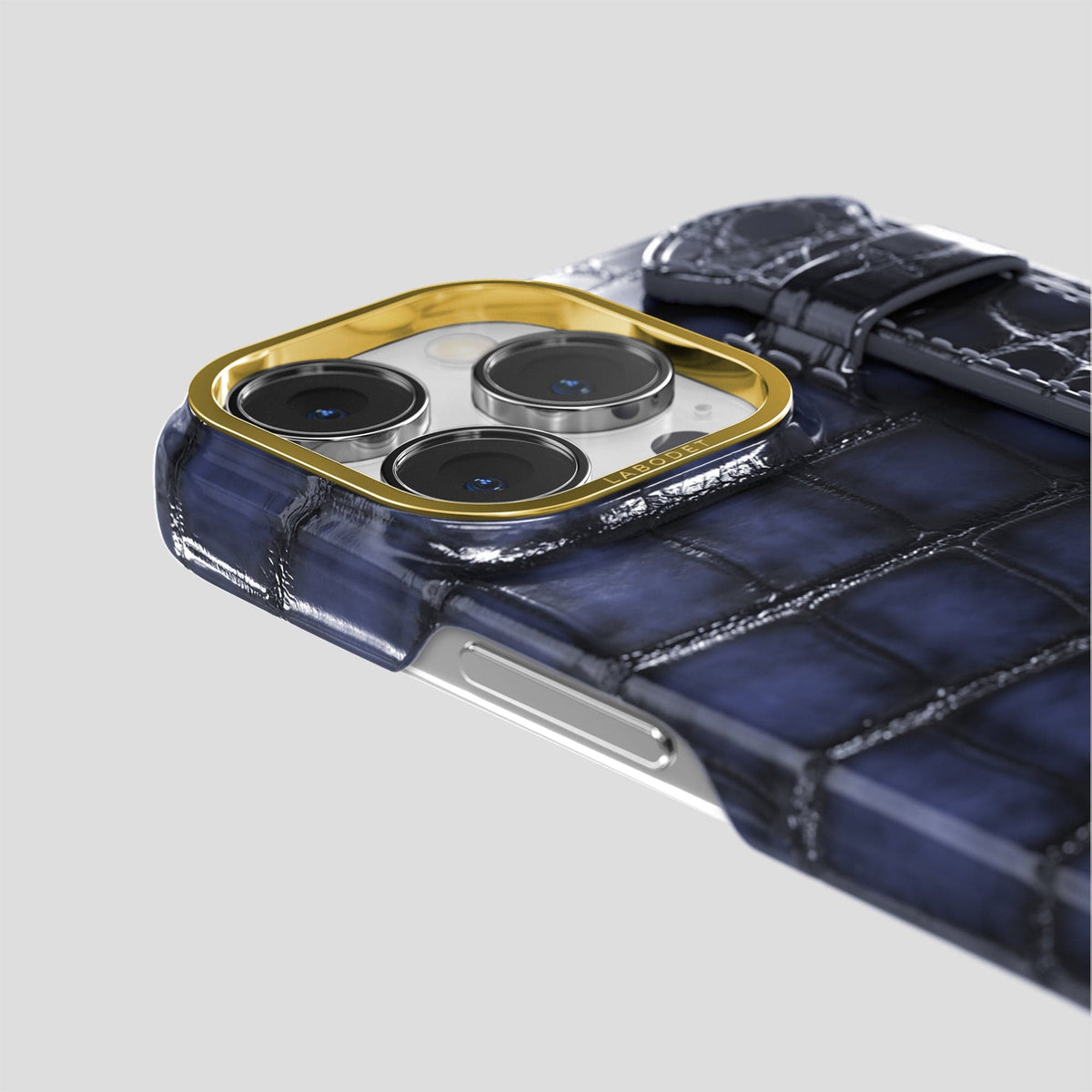 Havana-Blue iPhone 15 Pro Strap Case Patina Alligator with Gold Metal -6 | Havana-Blue-Gold