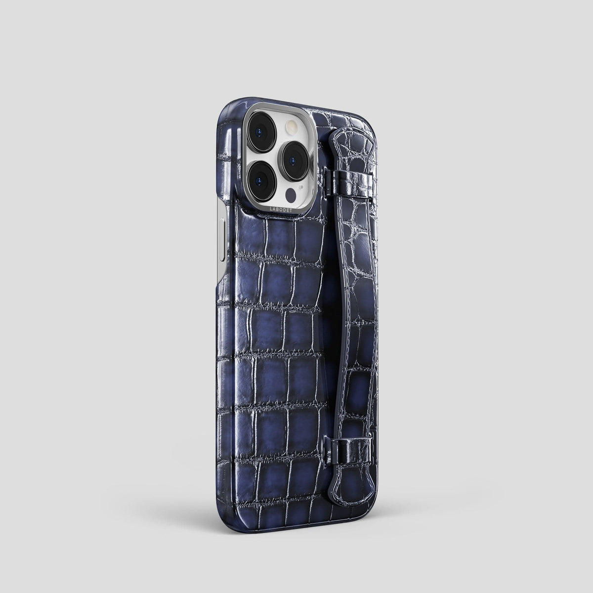 Havana-Blue iPhone 15 Pro Strap Case Patina Alligator with Steel Metal -2 | Havana-Blue-Steel