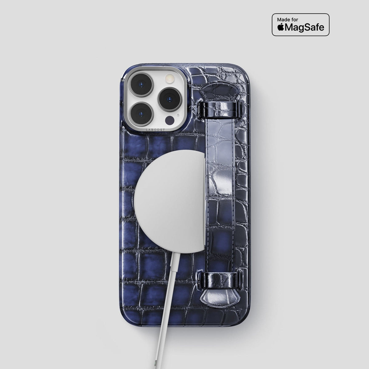Havana-Blue iPhone 15 Pro Strap Case Patina Alligator with Steel Metal -5 | Havana-Blue-Steel