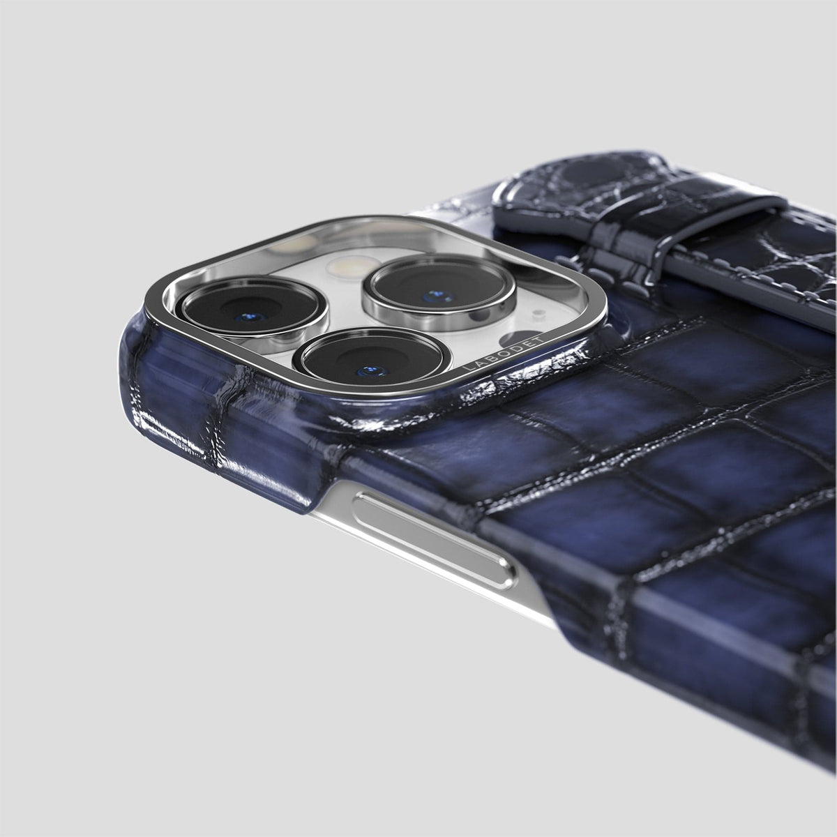 Havana-Blue iPhone 15 Pro Strap Case Patina Alligator with Steel Metal -6 | Havana-Blue-Steel