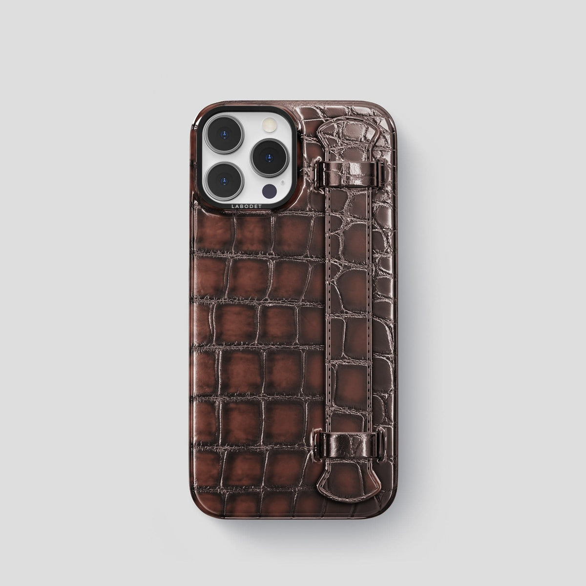 Havana-Brown iPhone 15 Pro Strap Case Patina Alligator with Black Metal -1 | Havana-Brown-Black