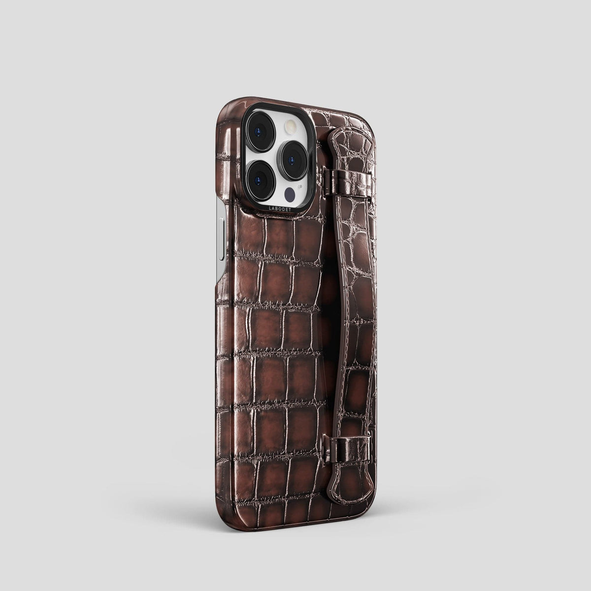 Havana-Brown iPhone 15 Pro Strap Case Patina Alligator with Black Metal -2 | Havana-Brown-Black