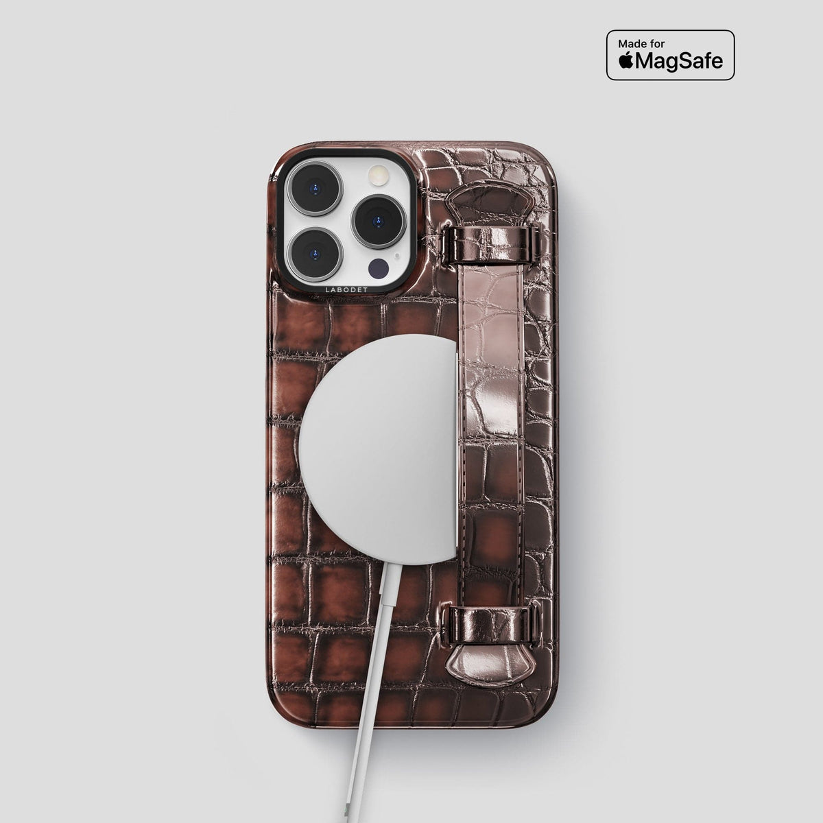 Havana-Brown iPhone 15 Pro Strap Case Patina Alligator with Black Metal -5 | Havana-Brown-Black