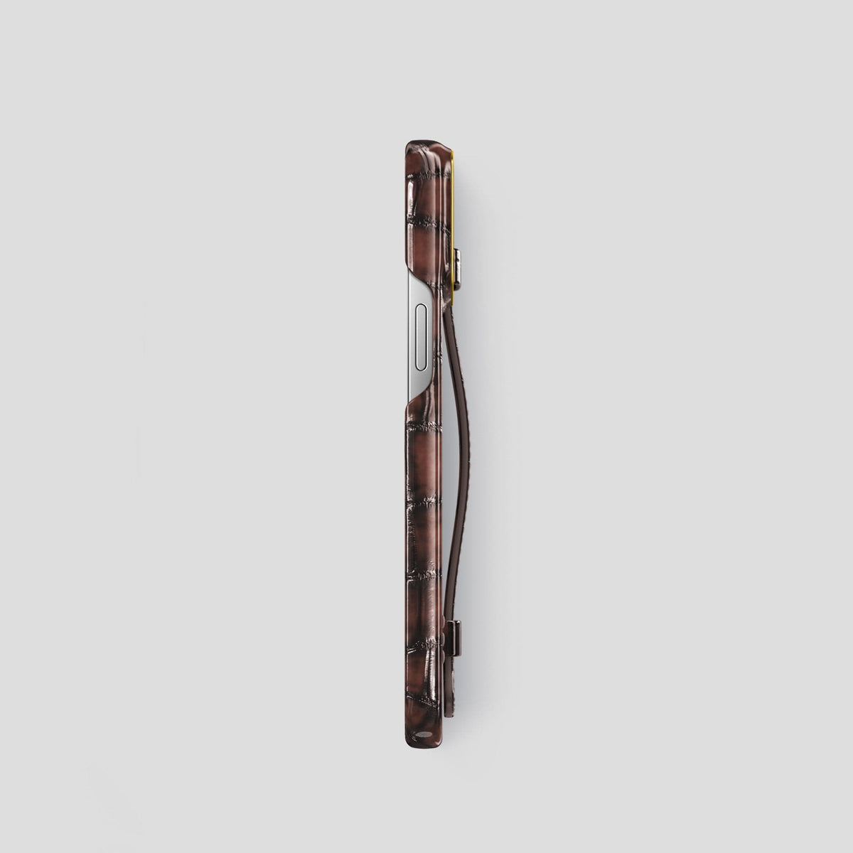 Havana-Brown iPhone 15 Pro Strap Case Patina Alligator with Gold Metal -3 | Havana-Brown-Gold