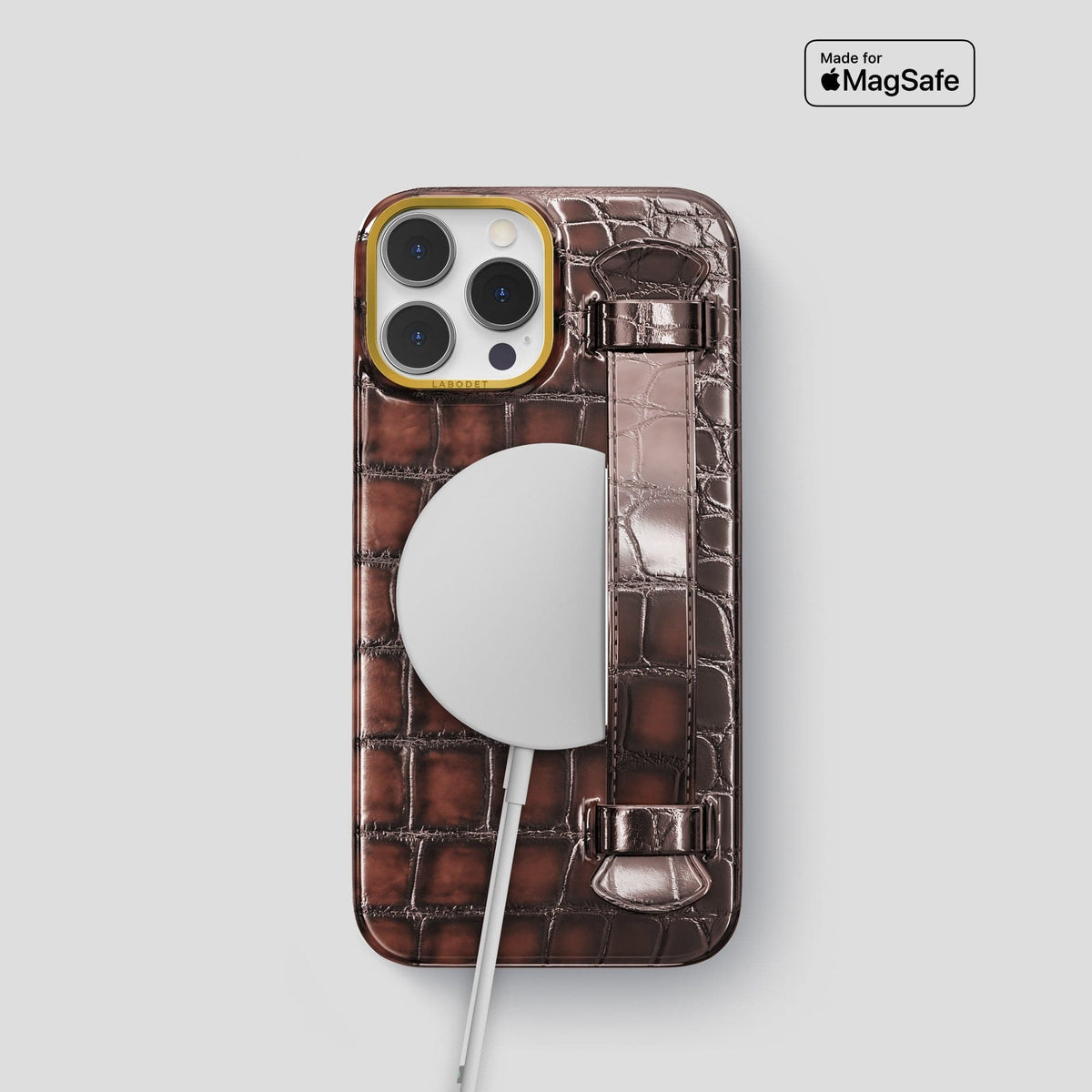Havana-Brown iPhone 15 Pro Strap Case Patina Alligator with Gold Metal -5 | Havana-Brown-Gold