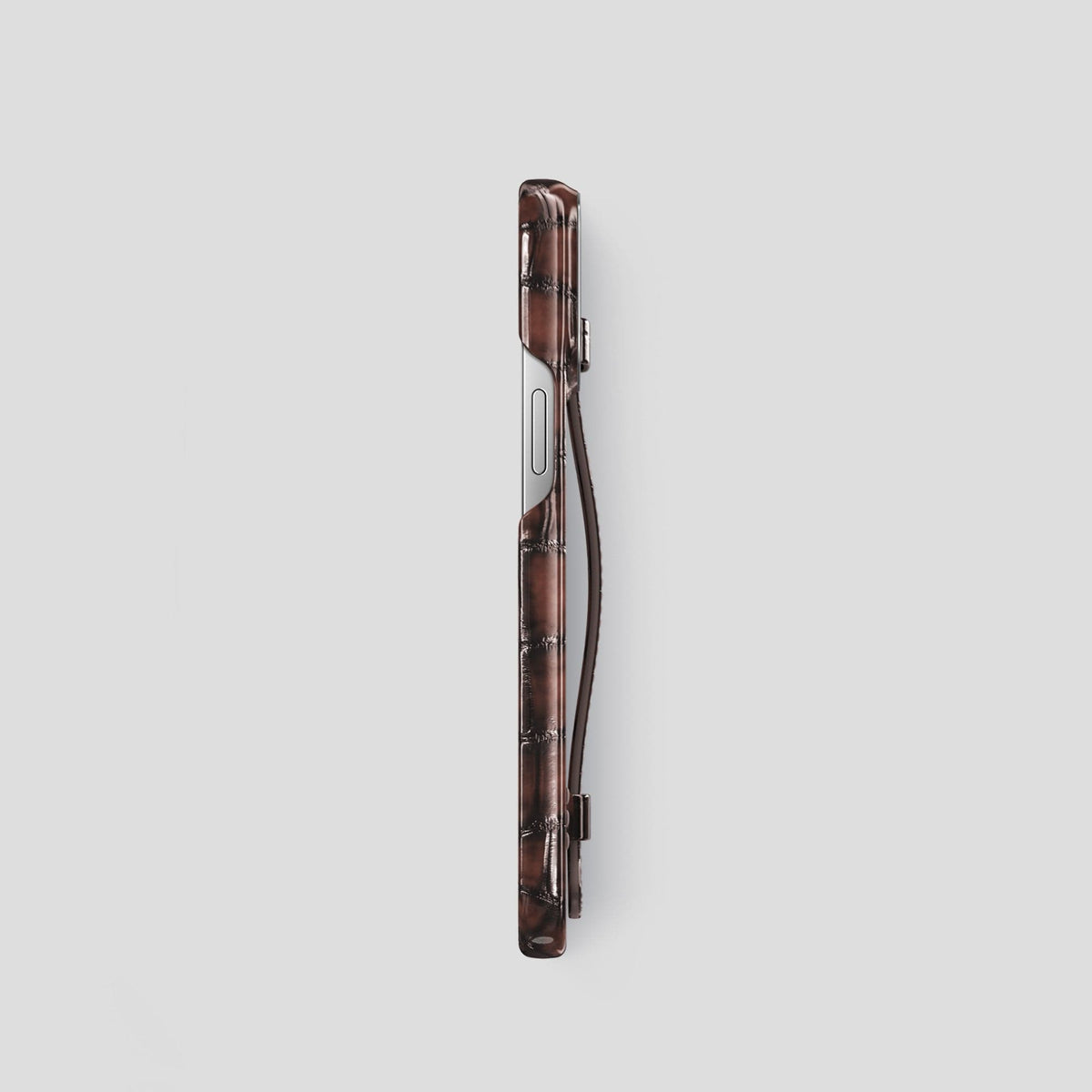 Havana-Brown iPhone 15 Pro Strap Case Patina Alligator with Steel Metal -3 | Havana-Brown-Steel