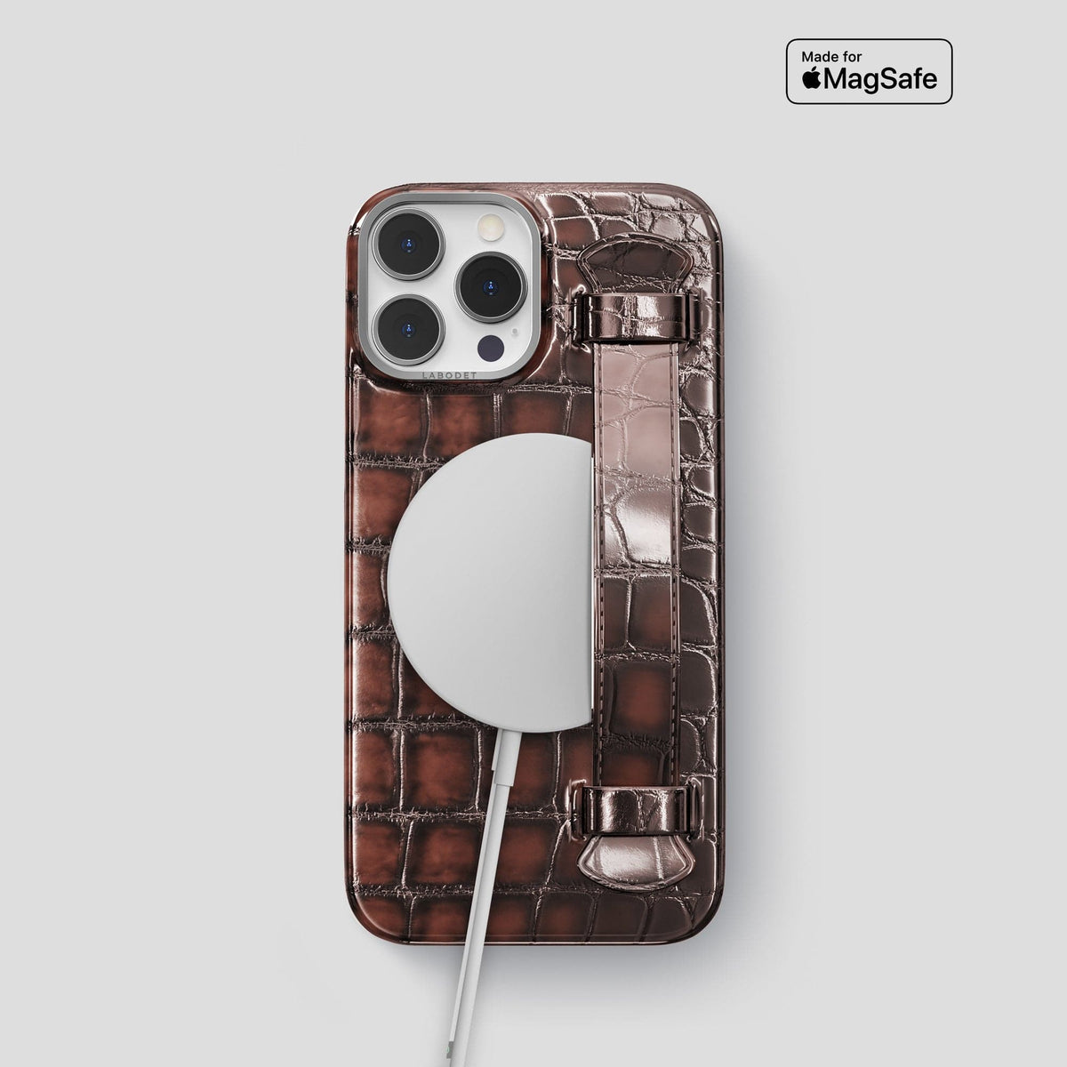 Havana-Brown iPhone 15 Pro Strap Case Patina Alligator with Steel Metal -5 | Havana-Brown-Steel