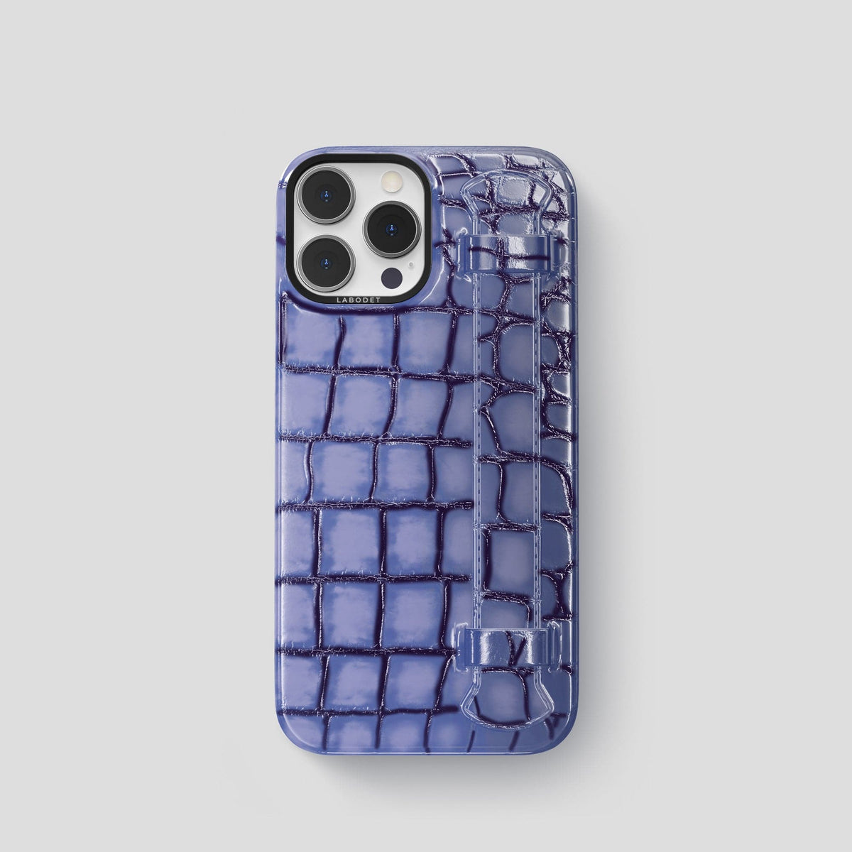 Lilac iPhone 15 Pro Strap Case Patina Alligator with Black Metal -1 | Lilac-Black