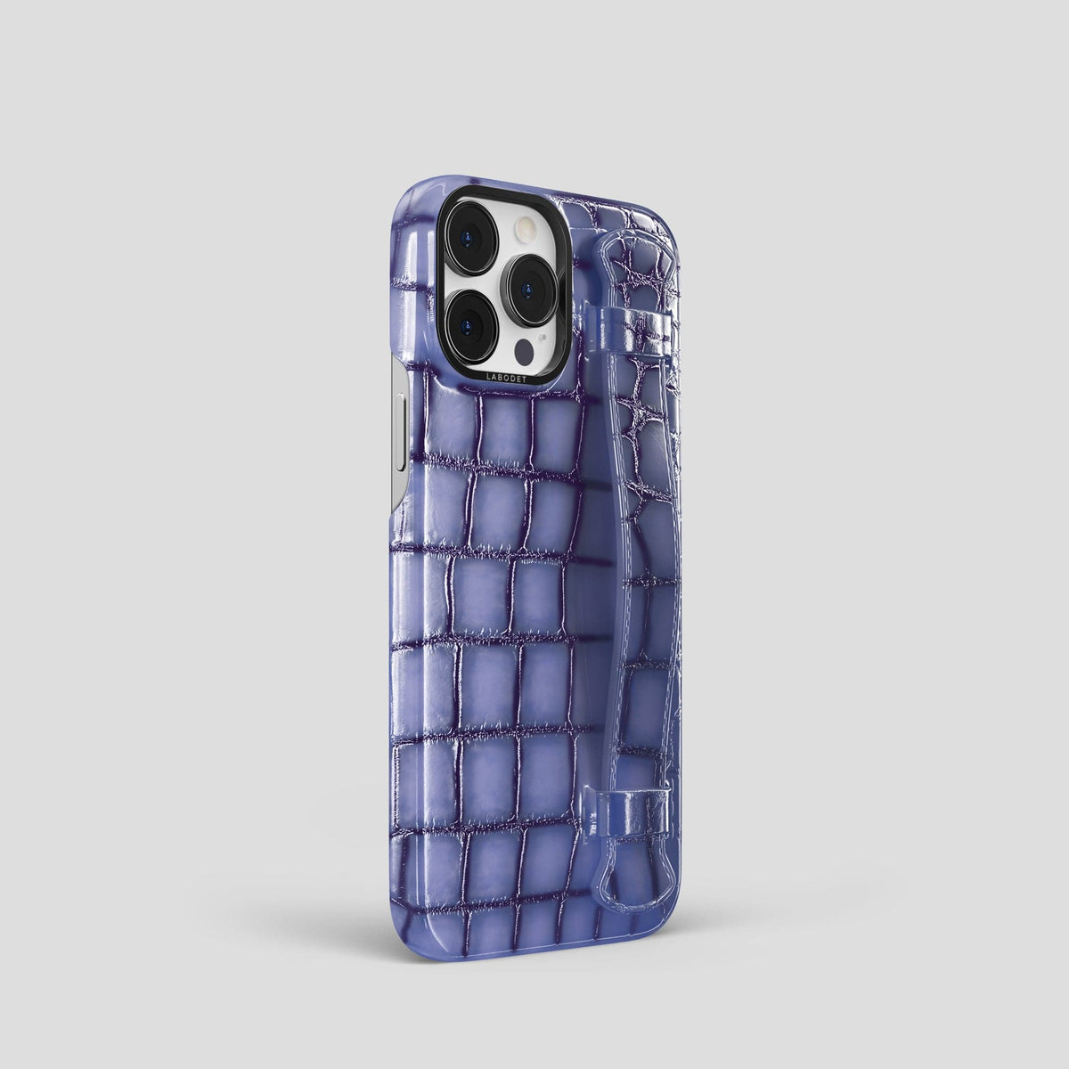 Lilac iPhone 15 Pro Strap Case Patina Alligator with Black Metal -2 | Lilac-Black