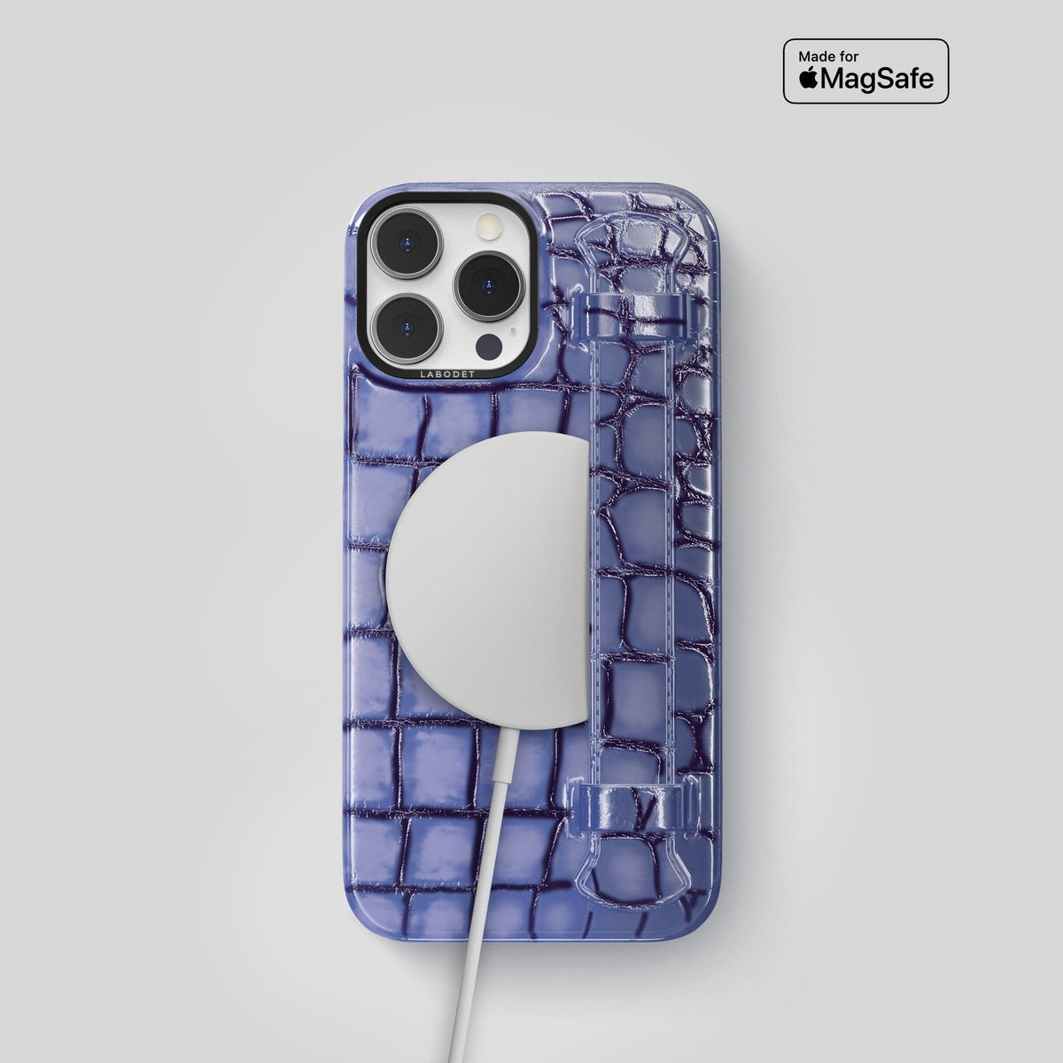 Lilac iPhone 15 Pro Strap Case Patina Alligator with Black Metal -5 | Lilac-Black