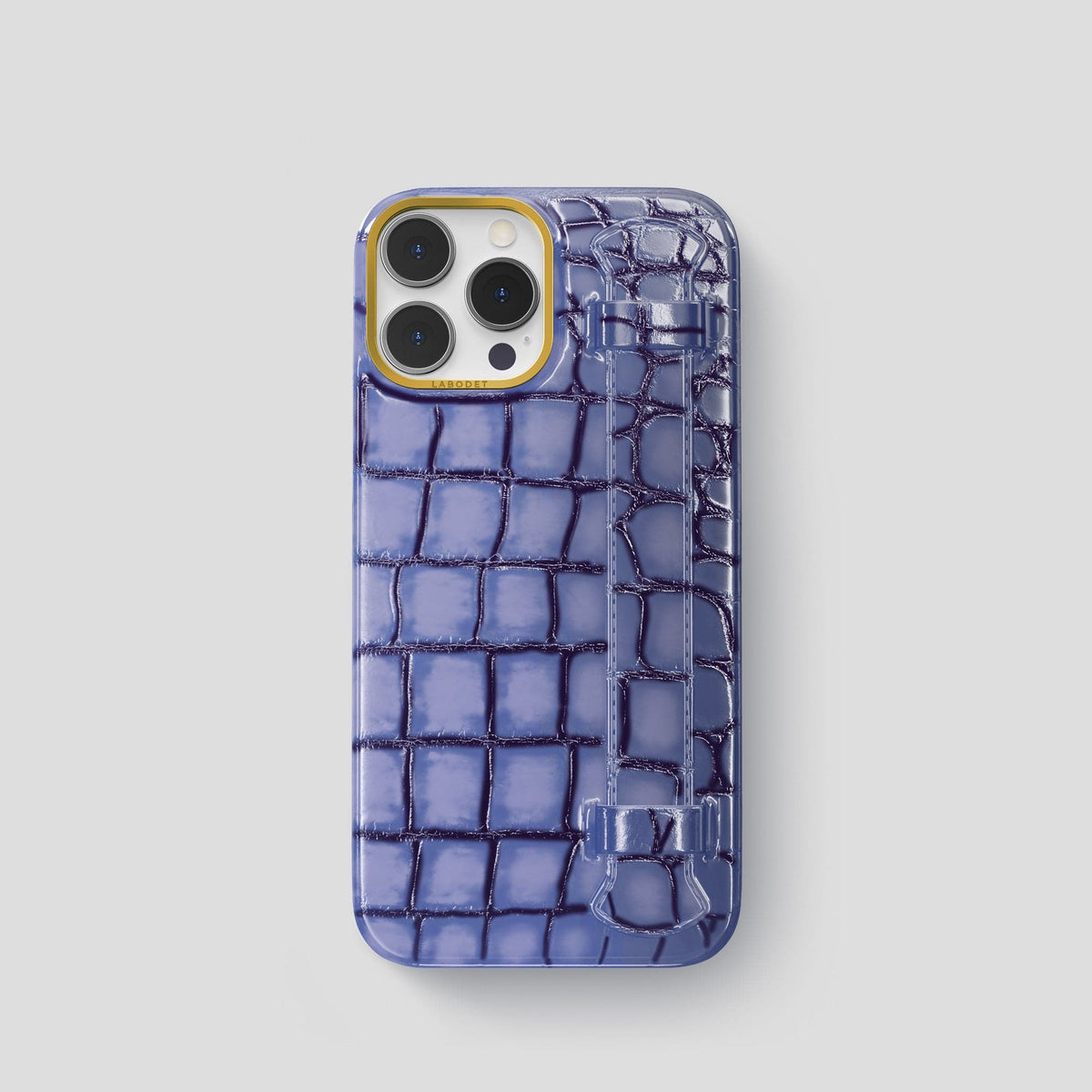 Lilac iPhone 15 Pro Strap Case Patina Alligator with Gold Metal -1 | Lilac-Gold