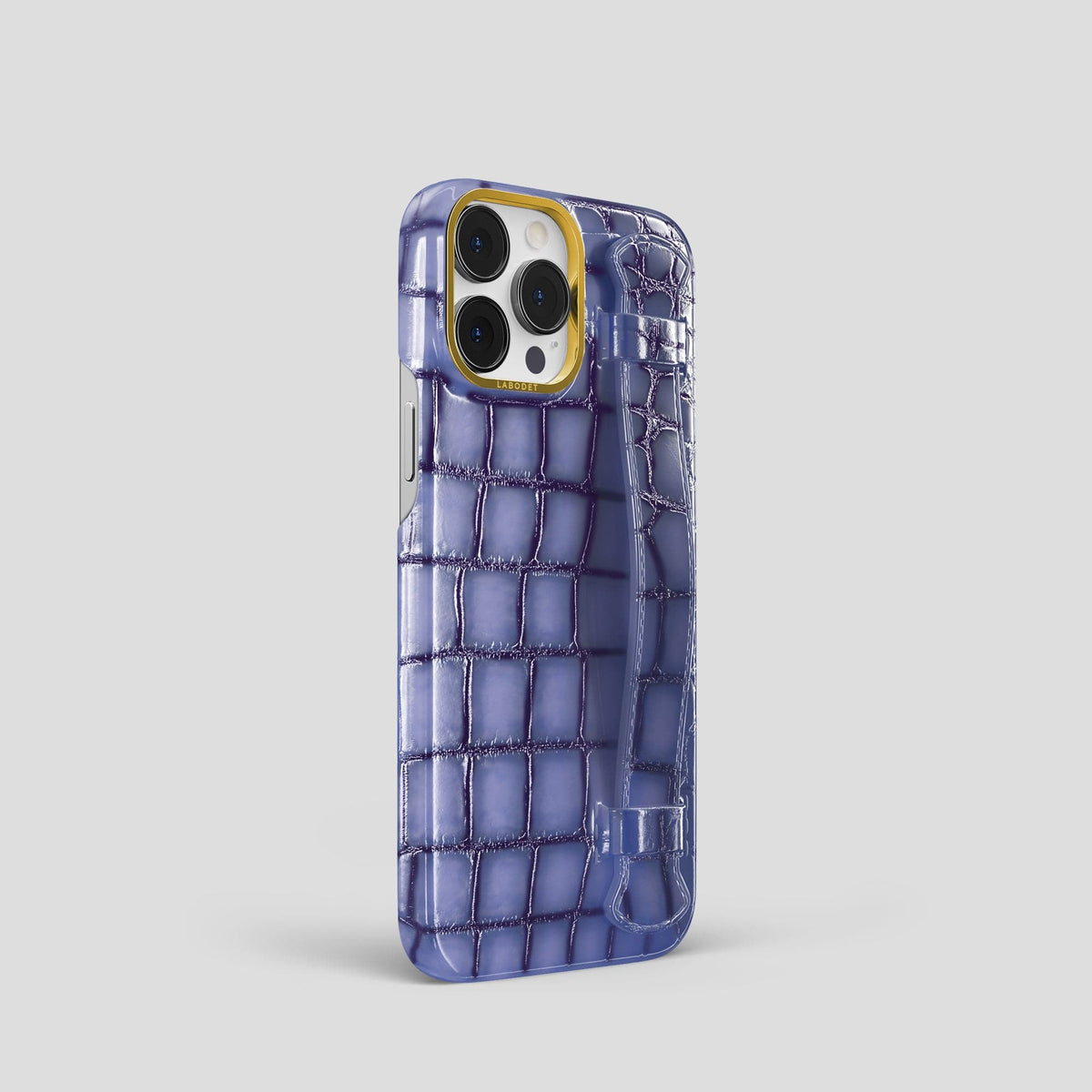 Lilac iPhone 15 Pro Strap Case Patina Alligator with Gold Metal -2 | Lilac-Gold