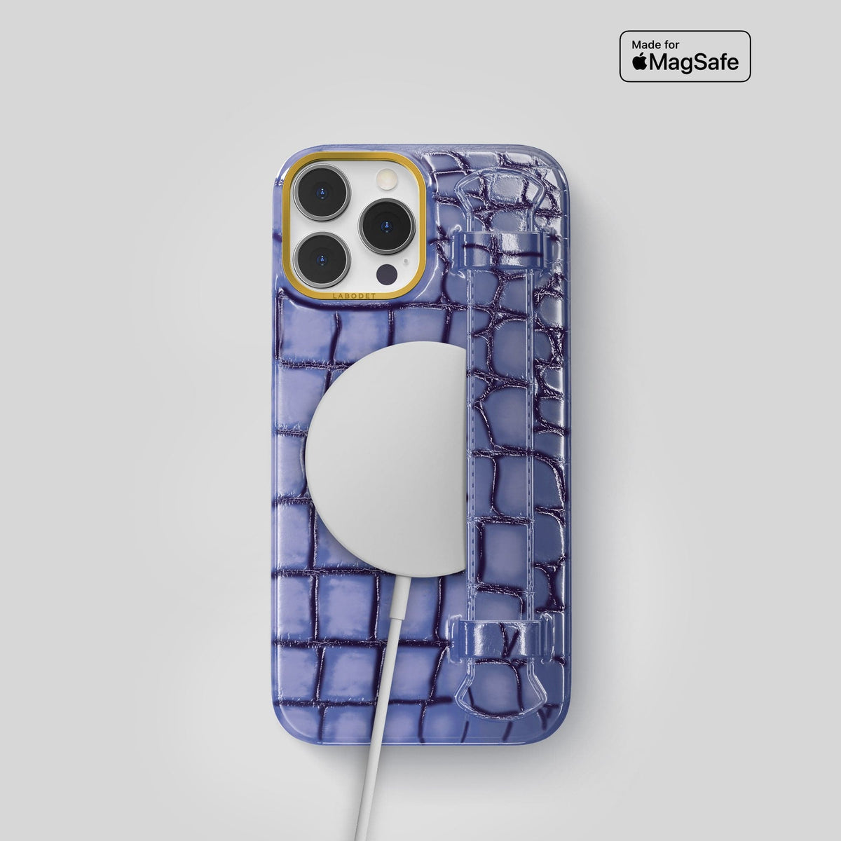 Lilac iPhone 15 Pro Strap Case Patina Alligator with Gold Metal -5 | Lilac-Gold