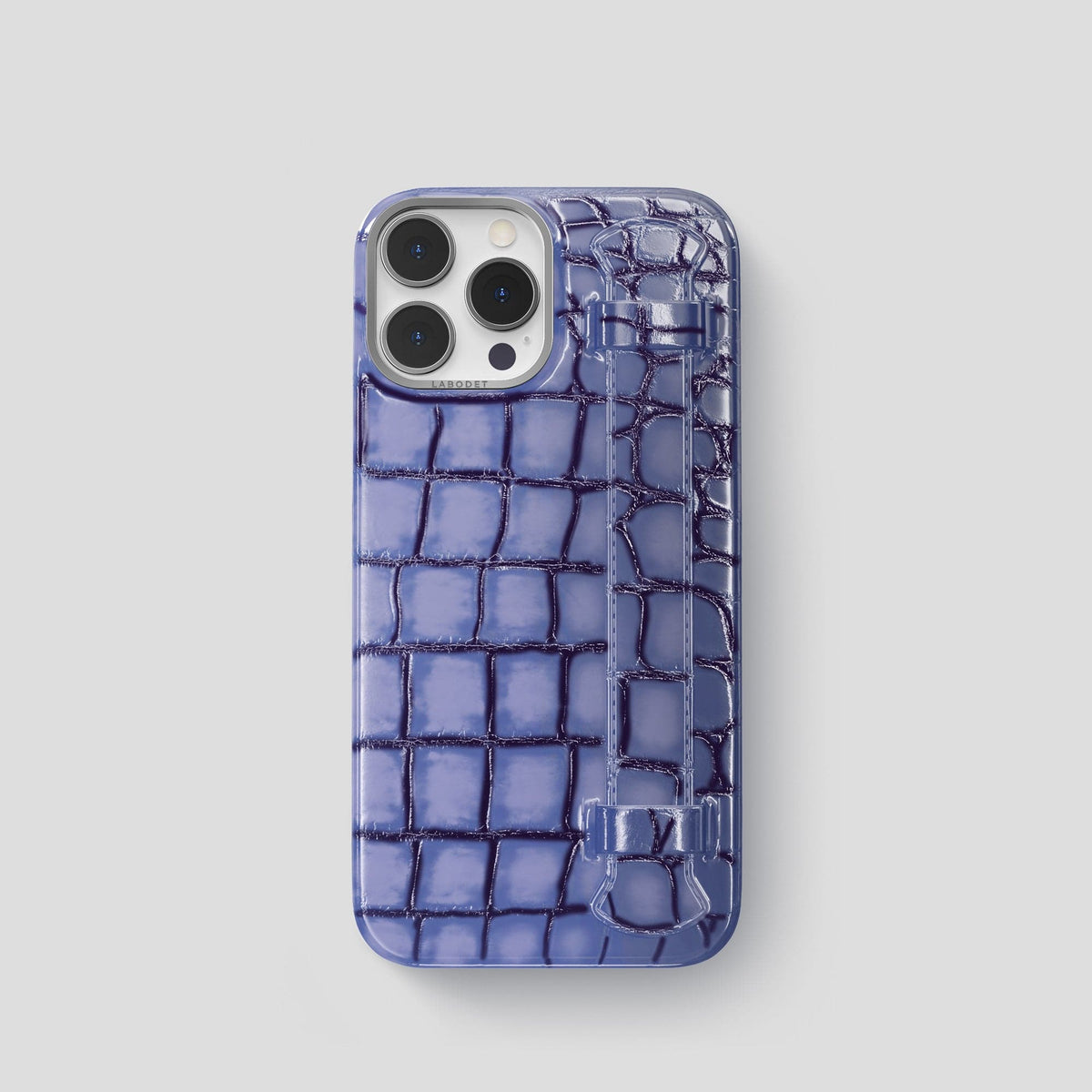 Lilac iPhone 15 Pro Strap Case Patina Alligator with Steel Metal -1 | Lilac-Steel