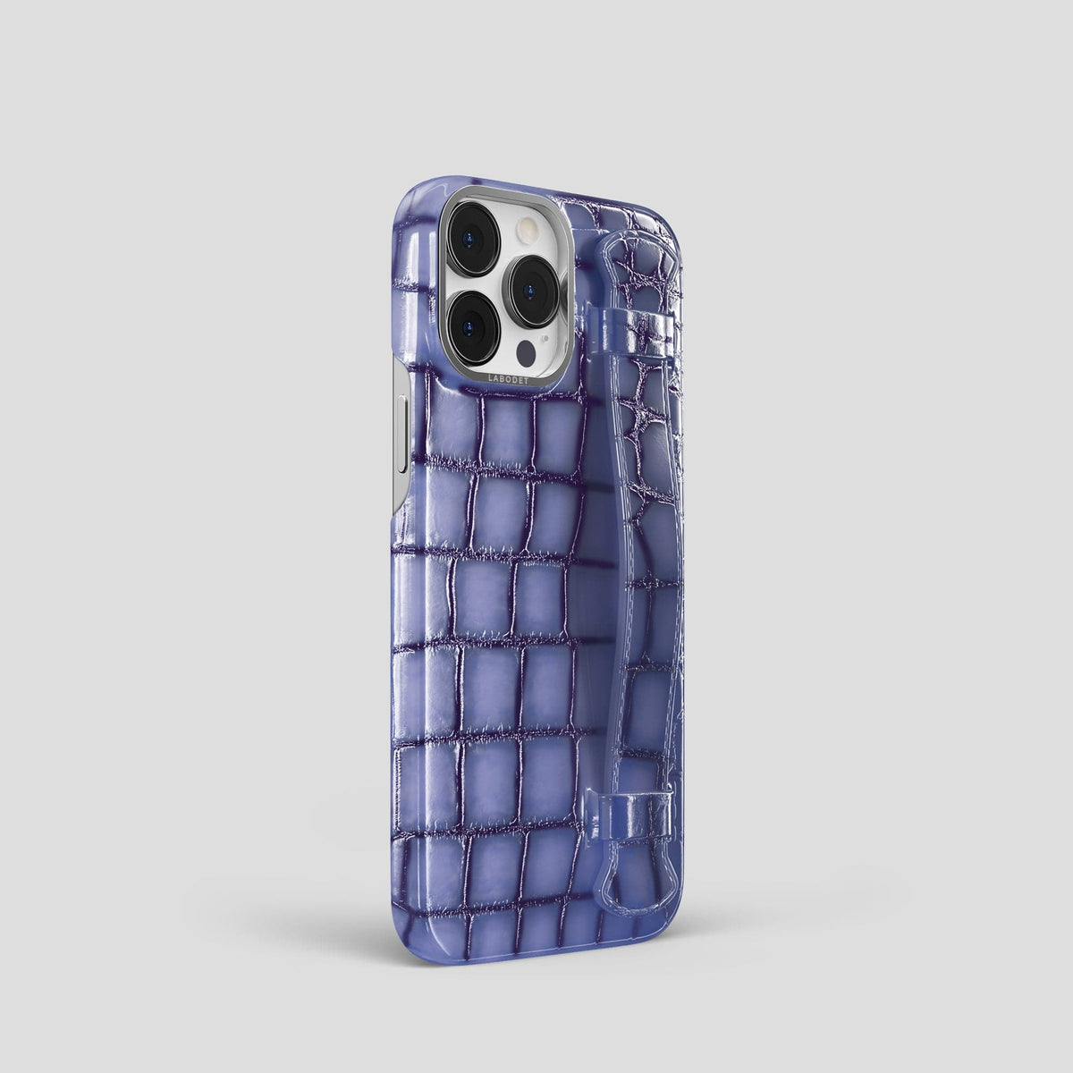 Lilac iPhone 15 Pro Strap Case Patina Alligator with Steel Metal -2 | Lilac-Steel