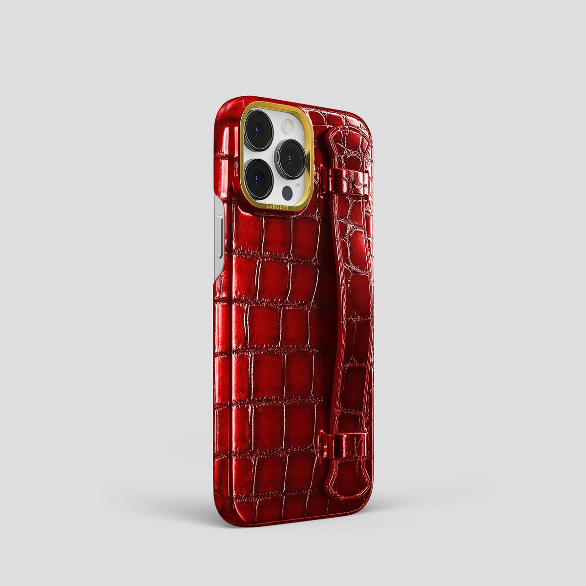 Burgundy iPhone 15 Pro Strap Case Patina Alligator with Gold Metal -2 | Burgundy-Gold