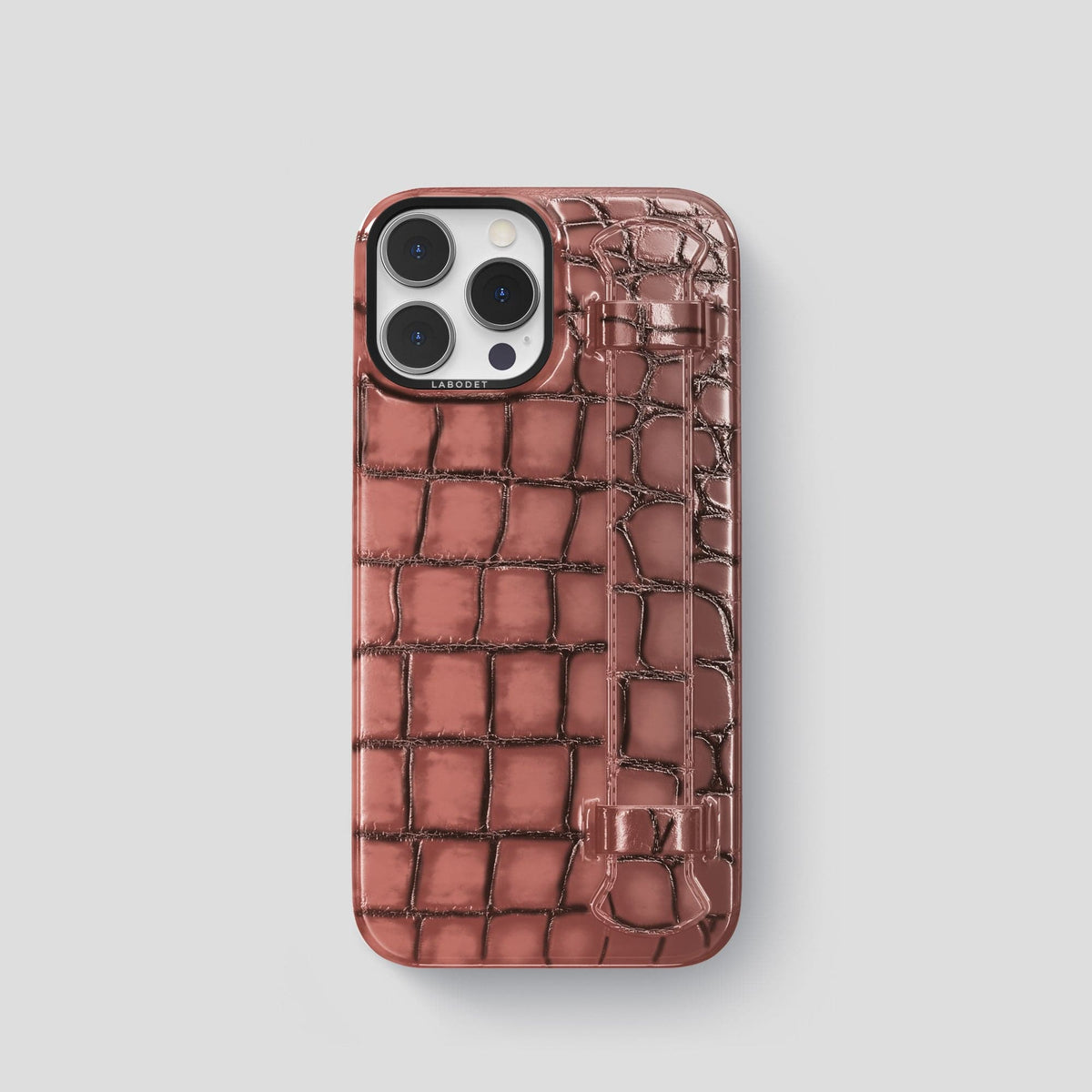 Wine-Sediment iPhone 15 Pro Strap Case Patina Alligator with Black Metal -1 | Wine-Sediment-Black