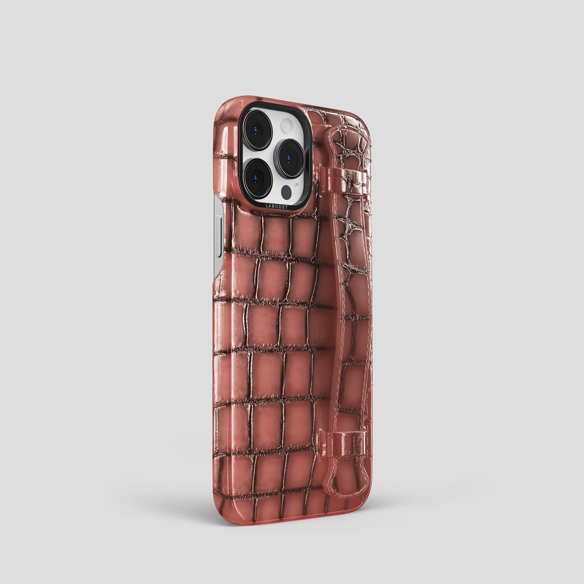 Wine-Sediment iPhone 15 Pro Strap Case Patina Alligator with Black Metal -2 | Wine-Sediment-Black