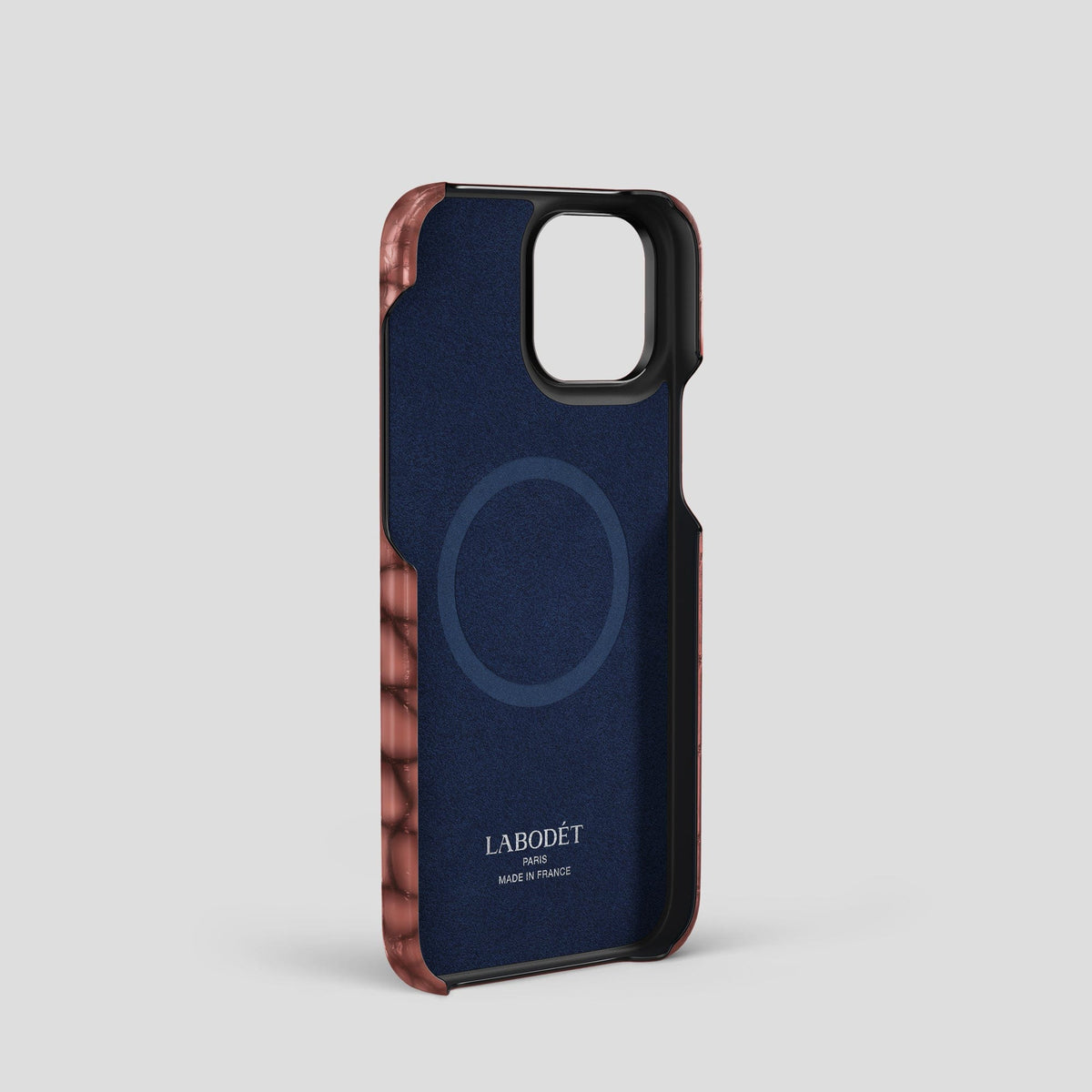 Wine-Sediment iPhone 15 Pro Strap Case Patina Alligator with Black Metal -4 | Wine-Sediment-Black