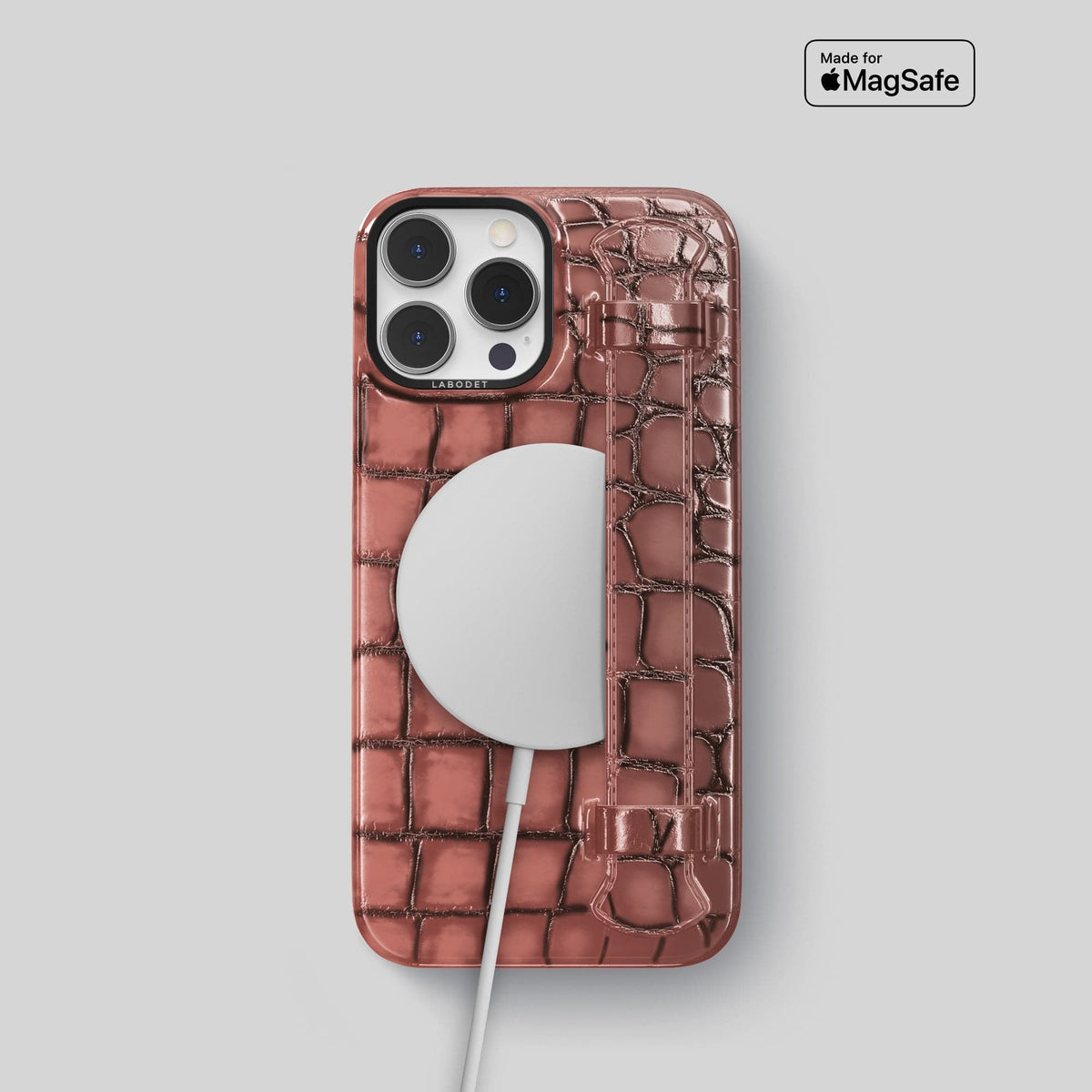 Wine-Sediment iPhone 15 Pro Strap Case Patina Alligator with Black Metal -5 | Wine-Sediment-Black