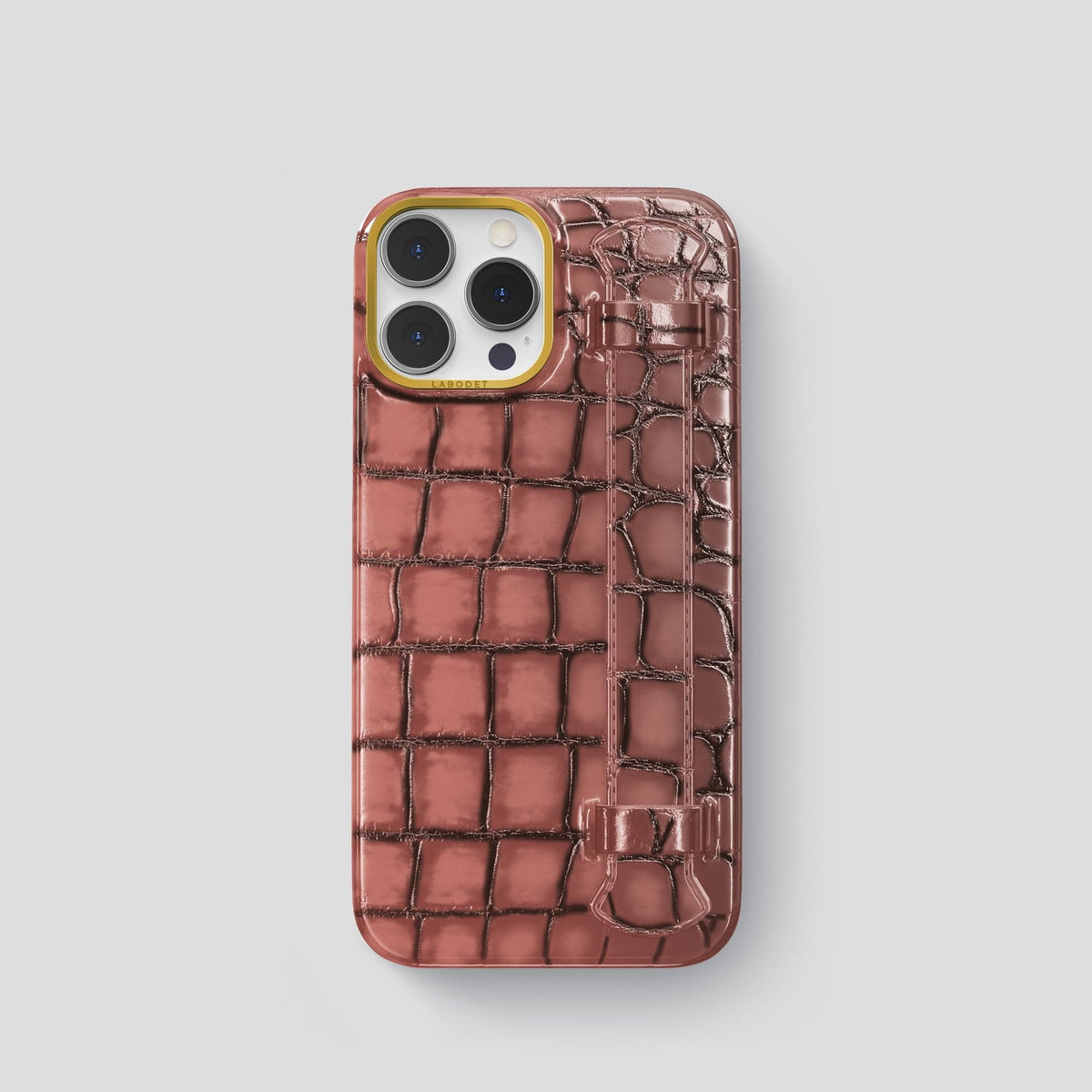 Wine-Sediment iPhone 15 Pro Strap Case Patina Alligator with Gold Metal -1 | Wine-Sediment-Gold