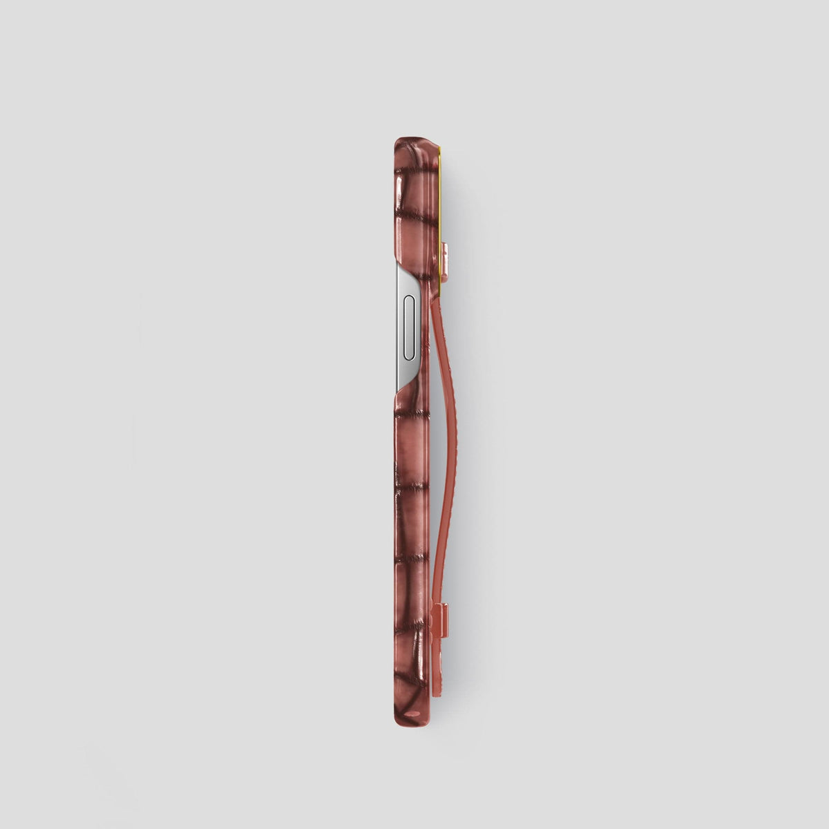Wine-Sediment iPhone 15 Pro Strap Case Patina Alligator with Gold Metal -3 | Wine-Sediment-Gold