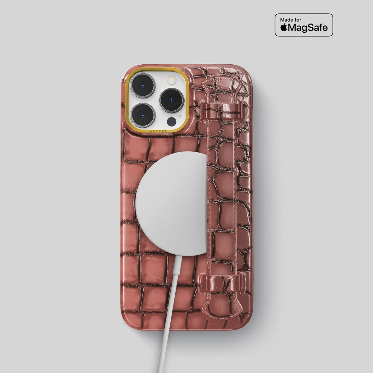 Wine-Sediment iPhone 15 Pro Strap Case Patina Alligator with Gold Metal -5 | Wine-Sediment-Gold