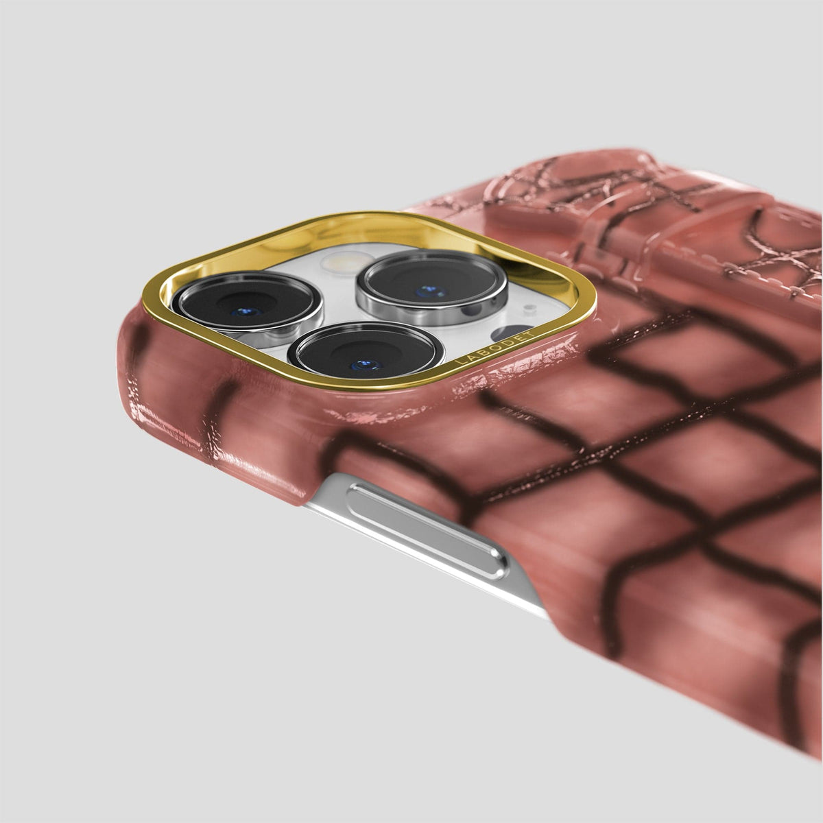 Wine-Sediment iPhone 15 Pro Strap Case Patina Alligator with Gold Metal -6 | Wine-Sediment-Gold
