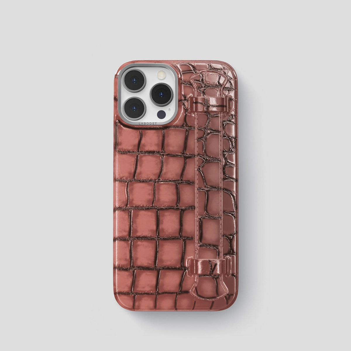 Wine-Sediment iPhone 15 Pro Strap Case Patina Alligator with Steel Metal -1 | Wine-Sediment-Steel