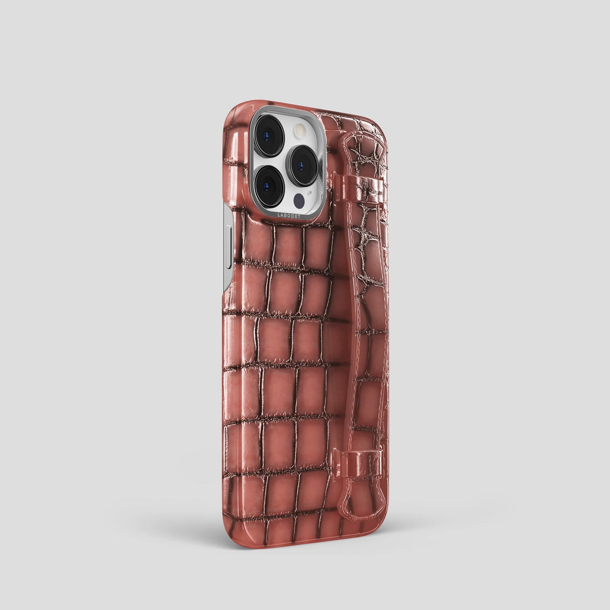 Wine-Sediment iPhone 15 Pro Strap Case Patina Alligator with Steel Metal -2 | Wine-Sediment-Steel