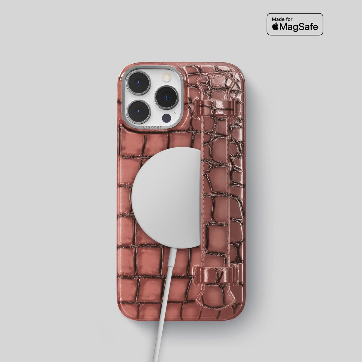 Wine-Sediment iPhone 15 Pro Strap Case Patina Alligator with Steel Metal -5 | Wine-Sediment-Steel