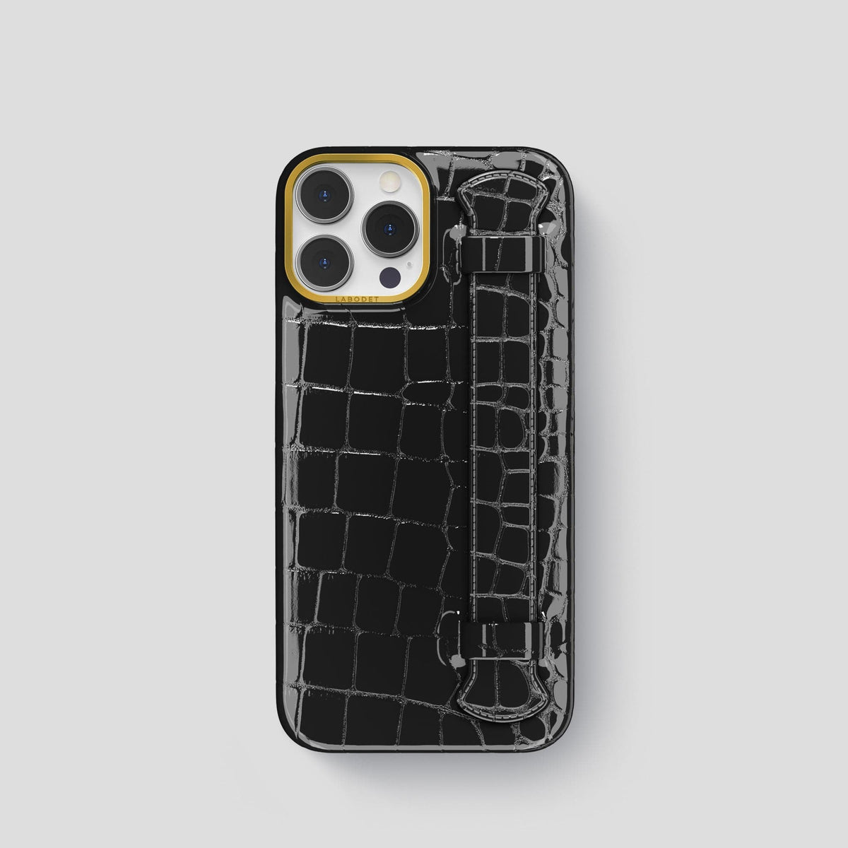 Black iPhone 14 Pro Max Strap Case Shiny Alligator with Gold Metal -1 | Black-Gold