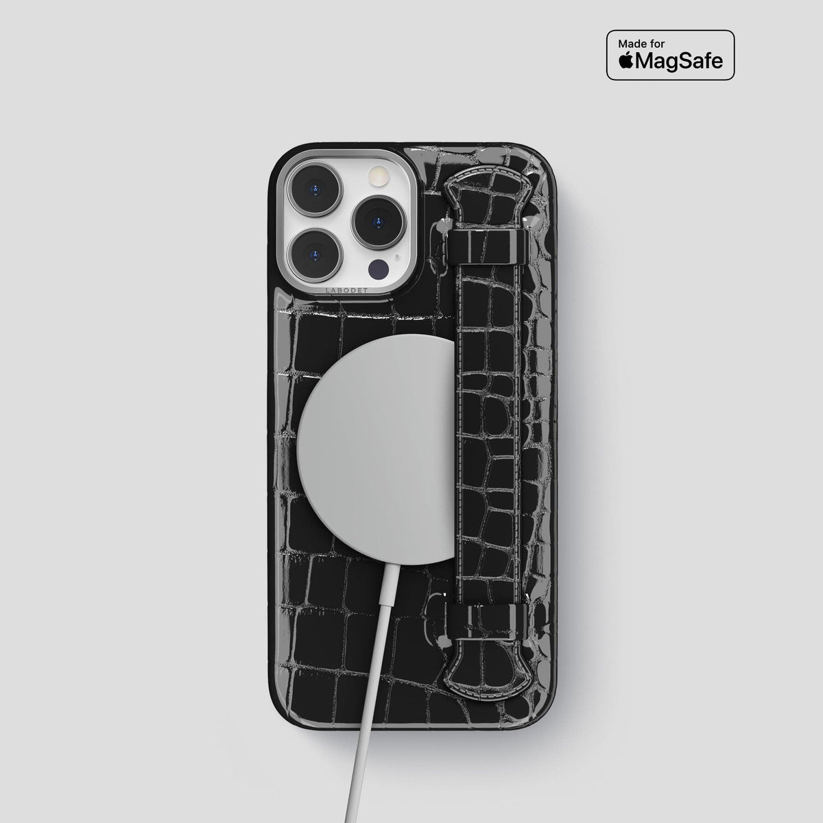 Black iPhone 14 Pro Max Strap Case Shiny Alligator with Steel Metal -5 | Black-Steel