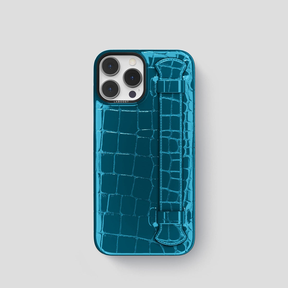 Blue iPhone 14 Pro Max Strap Case Shiny Alligator with Black Metal -1 | Blue-Black