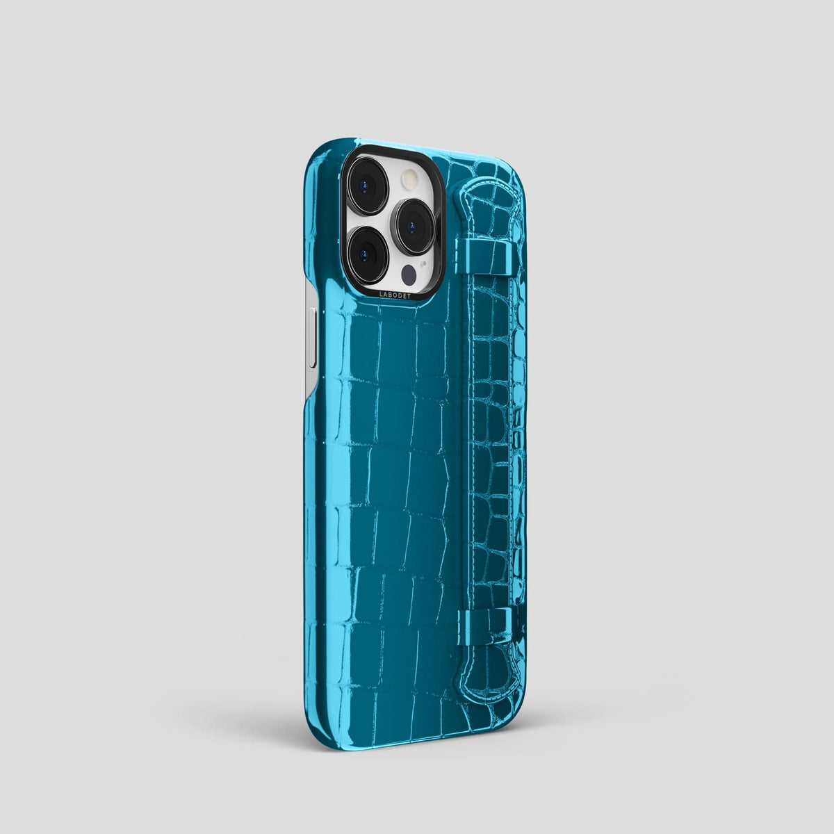 Blue iPhone 14 Pro Max Strap Case Shiny Alligator with Black Metal -2 | Blue-Black