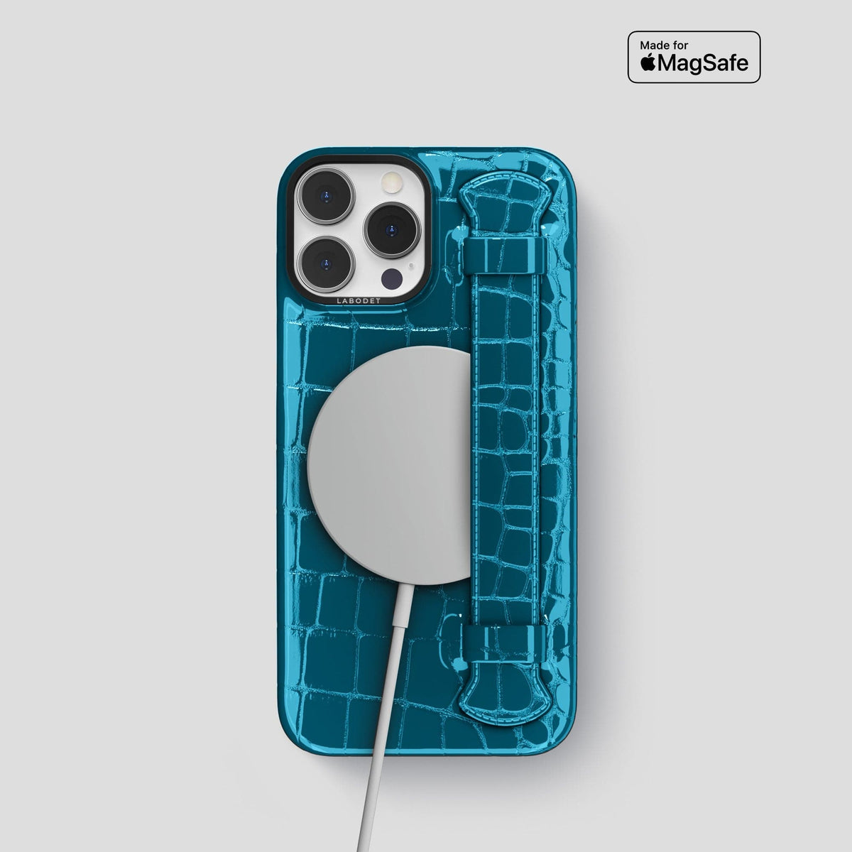 Blue iPhone 14 Pro Max Strap Case Shiny Alligator with Black Metal -5 | Blue-Black