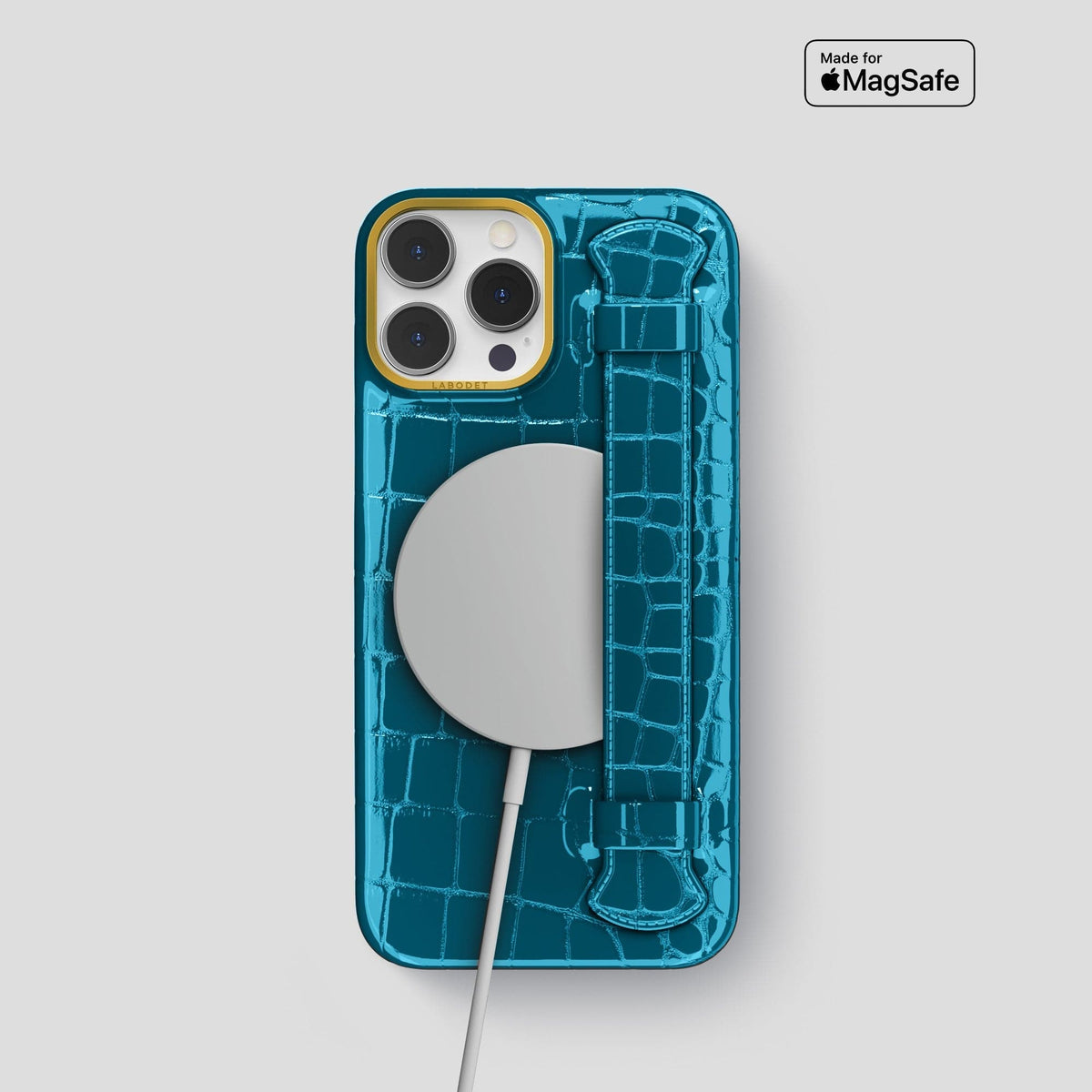 Blue iPhone 14 Pro Max Strap Case Shiny Alligator with Gold Metal -5 | Blue-Gold