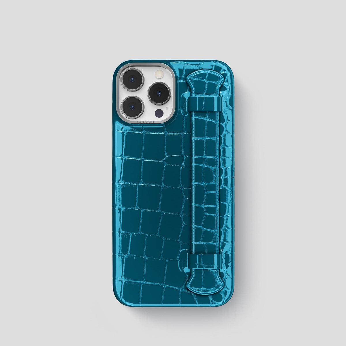 Blue iPhone 14 Pro Max Strap Case Shiny Alligator with Steel Metal -1 | Blue-Steel