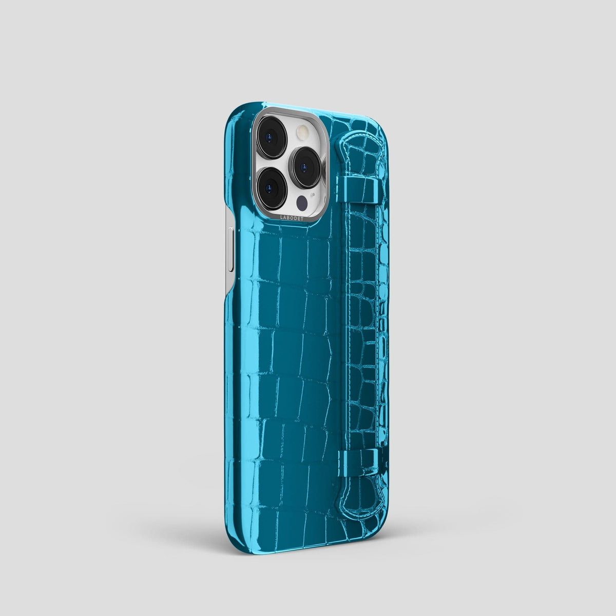 Blue iPhone 14 Pro Max Strap Case Shiny Alligator with Steel Metal -2 | Blue-Steel