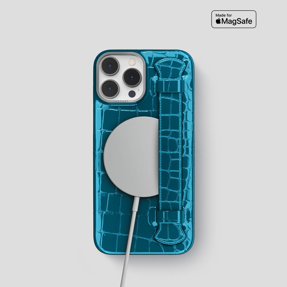 Blue iPhone 14 Pro Max Strap Case Shiny Alligator with Steel Metal -5 | Blue-Steel