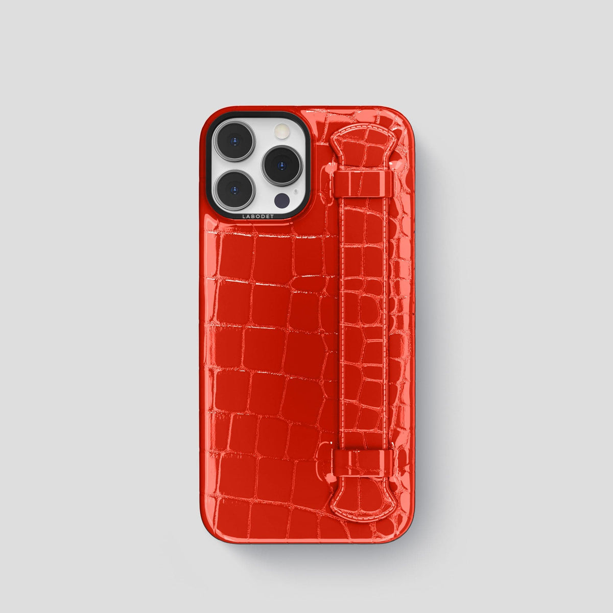 Coral Orange iPhone 14 Pro Max Strap Case Shiny Alligator with Black Metal -1 | Coral-Orange-Black