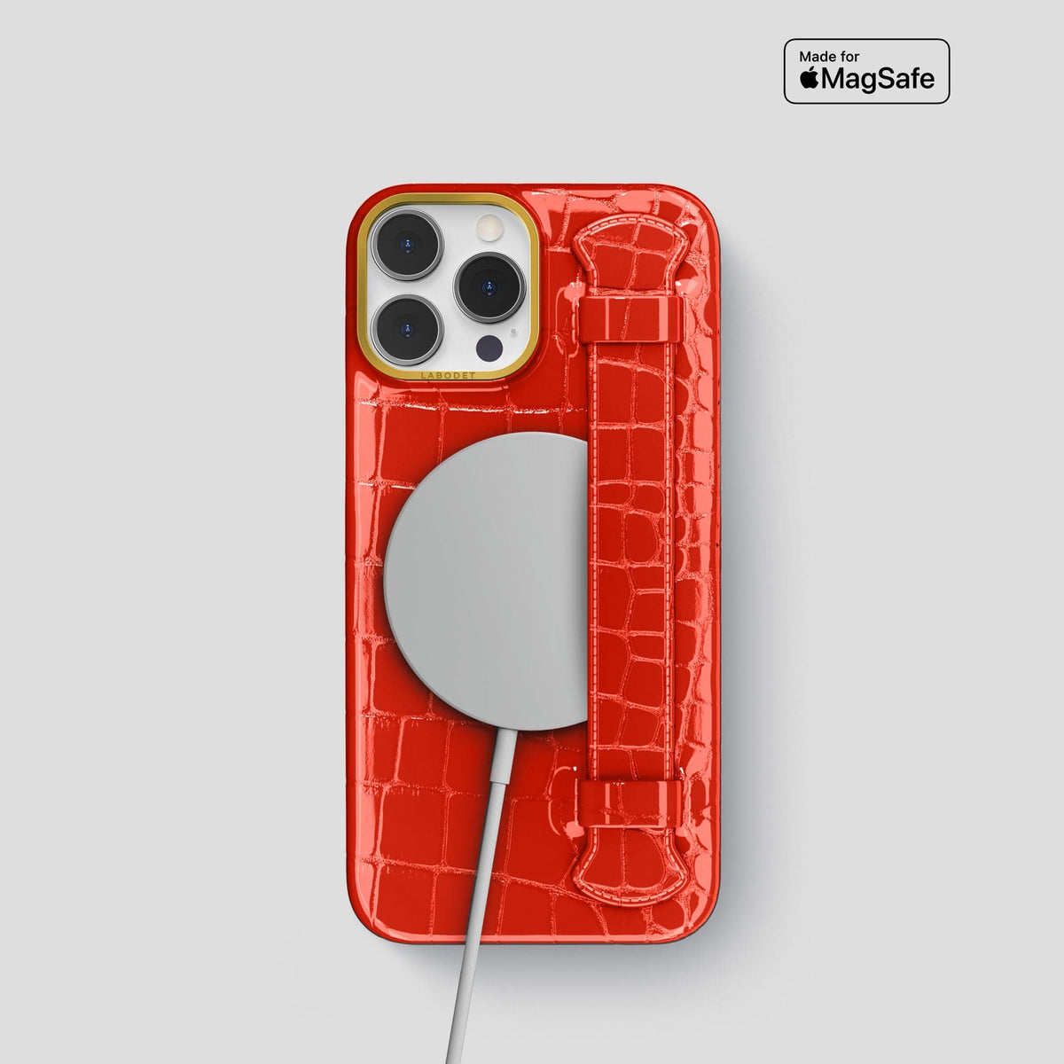 Coral Orange iPhone 14 Pro Max Strap Case Shiny Alligator with Gold Metal -5 | Coral-Orange-Gold