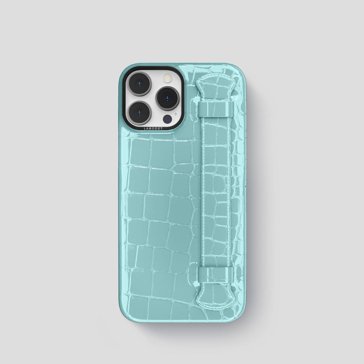 Light Blue iPhone 14 Pro Max Strap Case Shiny Alligator with Black Metal -1 | Light-Blue-Black