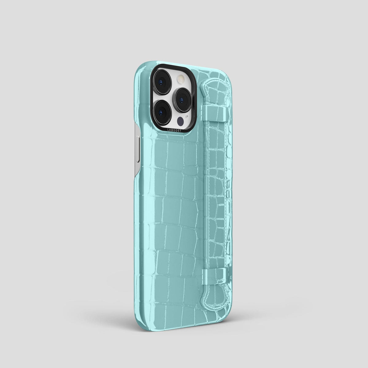 Light Blue iPhone 14 Pro Max Strap Case Shiny Alligator with Black Metal -2 | Light-Blue-Black