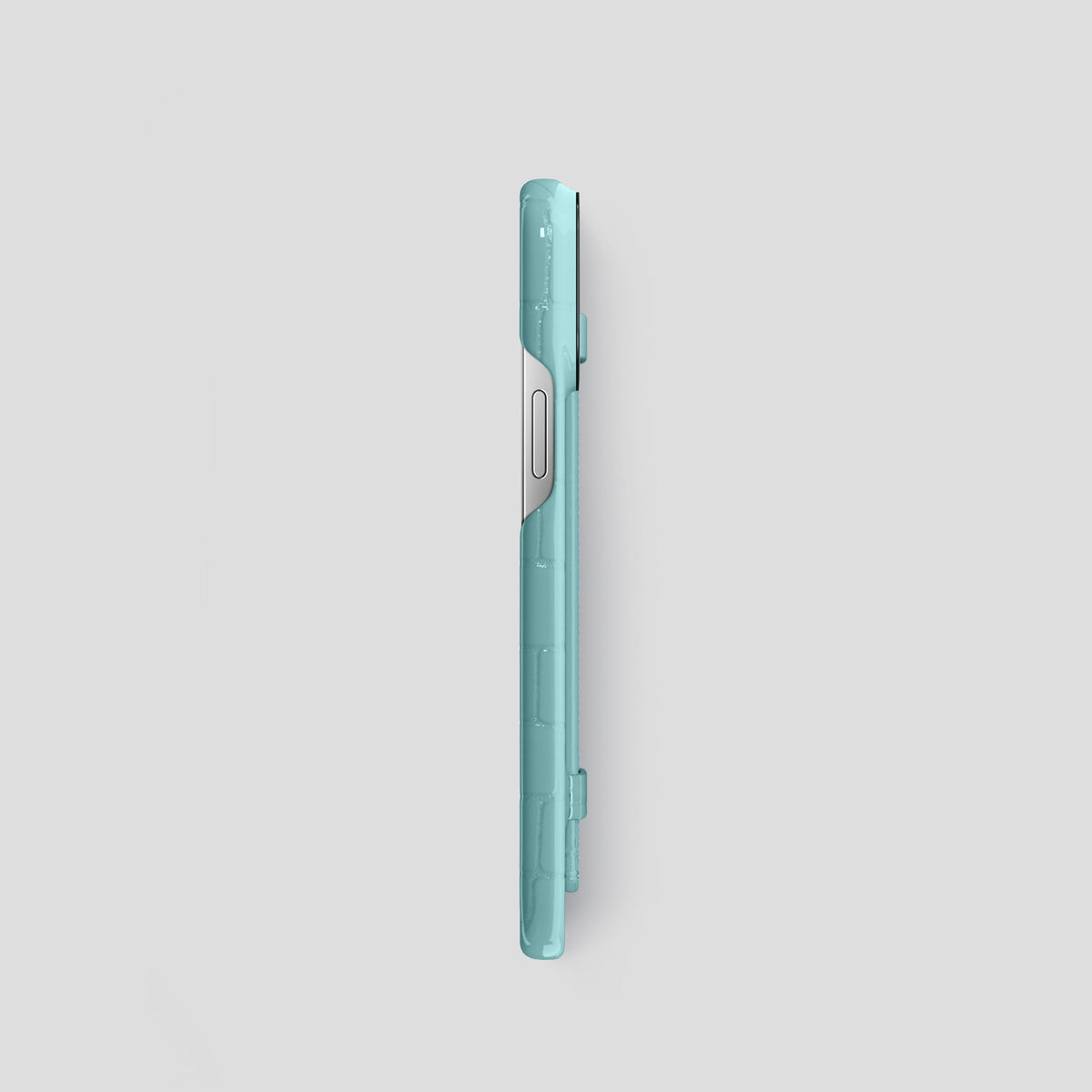 Light Blue iPhone 14 Pro Max Strap Case Shiny Alligator with Black Metal -3 | Light-Blue-Black